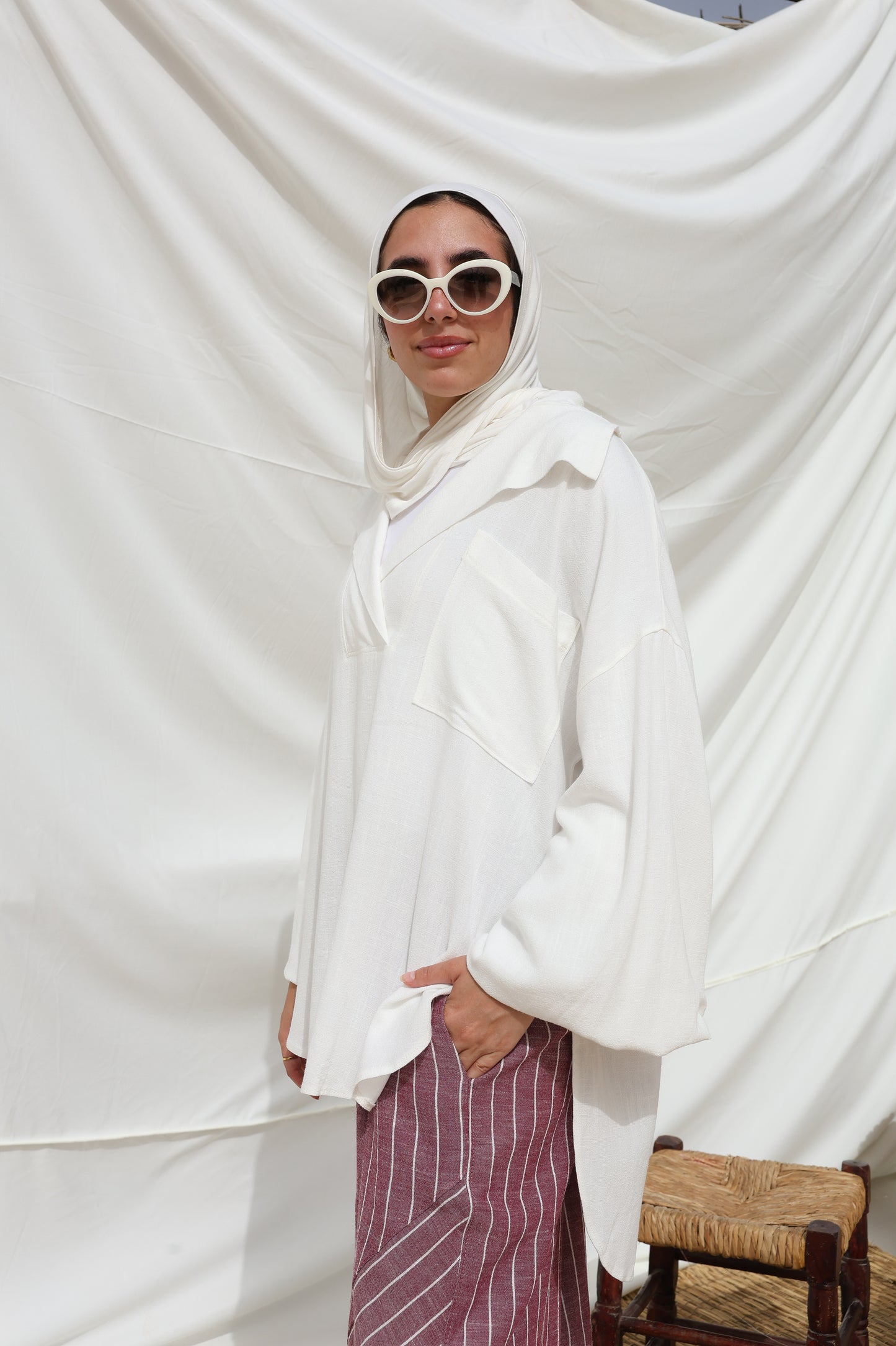 Collar Puffy Sleeves Linen Top in White