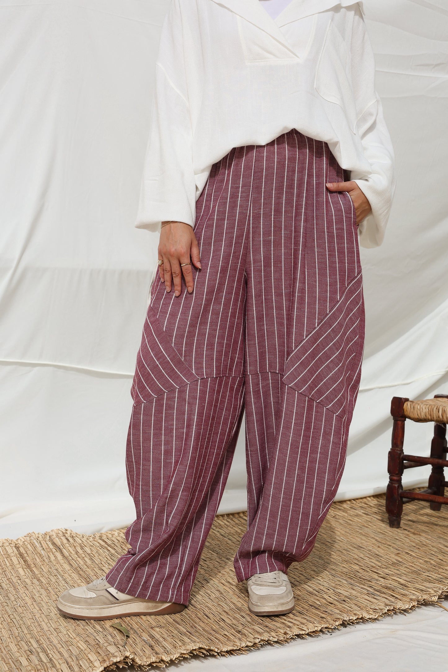 Stripes Barrel-leg Pants in Berry