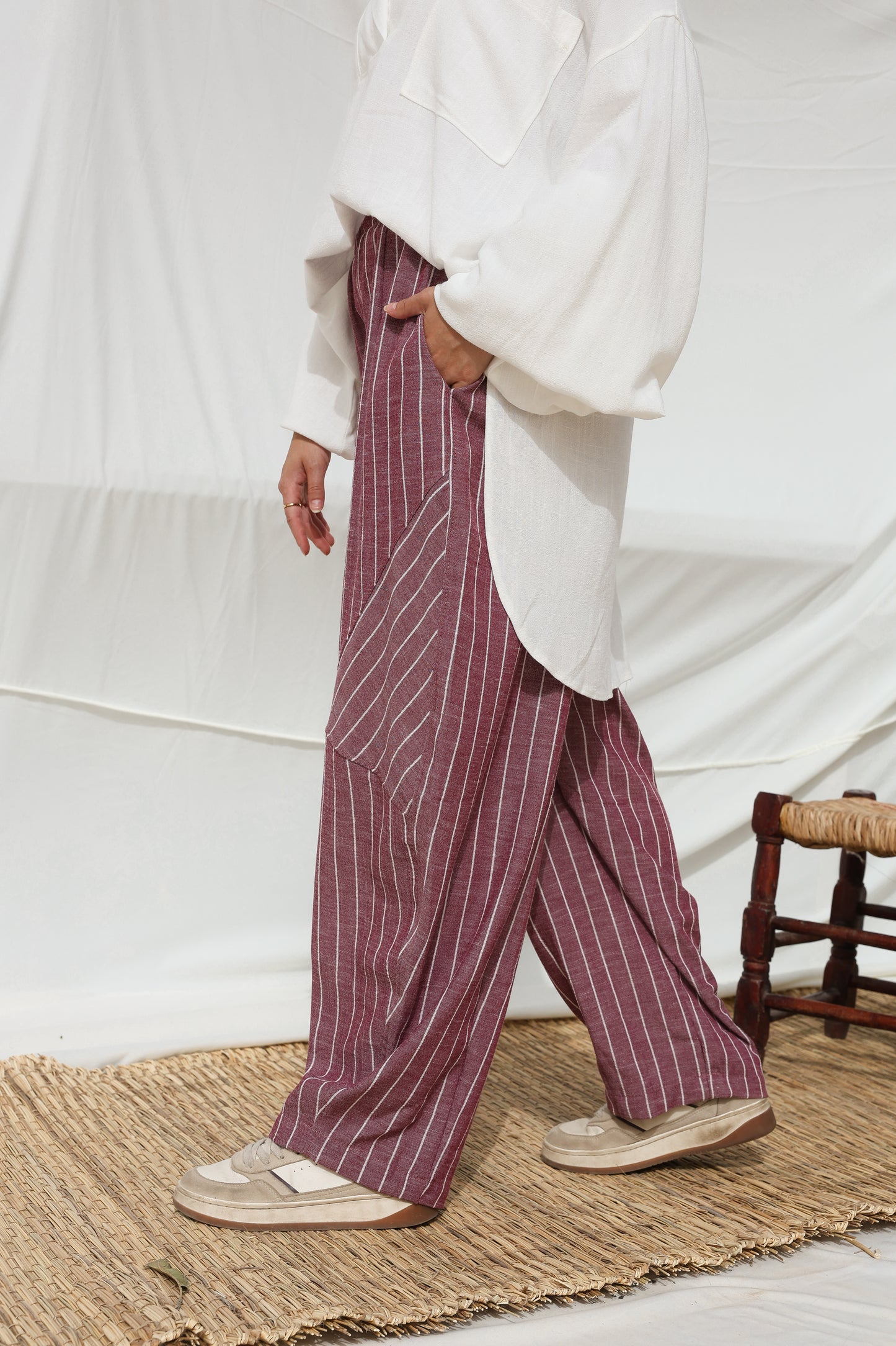Stripes Barrel-leg Pants in Berry