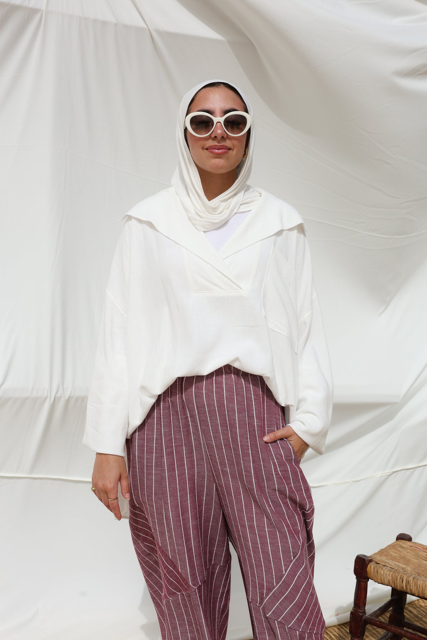 Collar Puffy Sleeves Linen Top in White