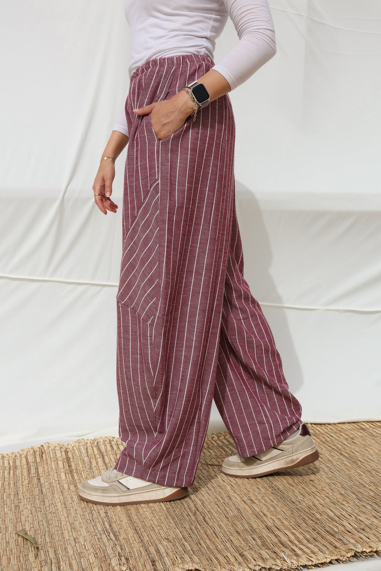 Stripes Barrel-leg Pants in Berry