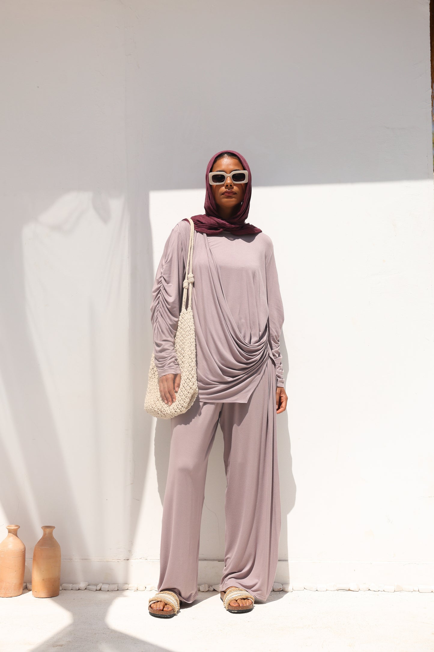 Side Drapeé Cotton Set in Taupe