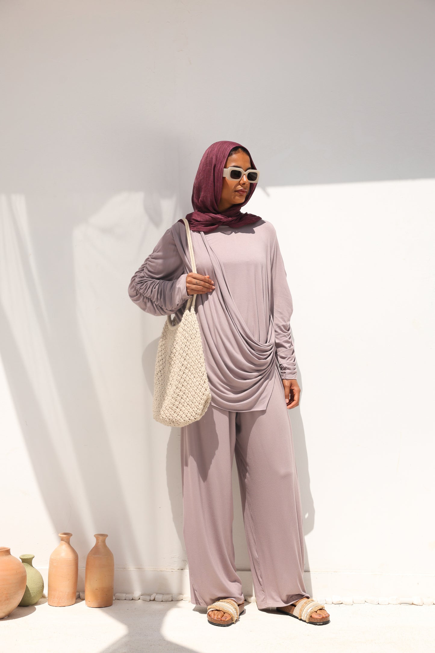 Side Drapeé Cotton Set in Taupe