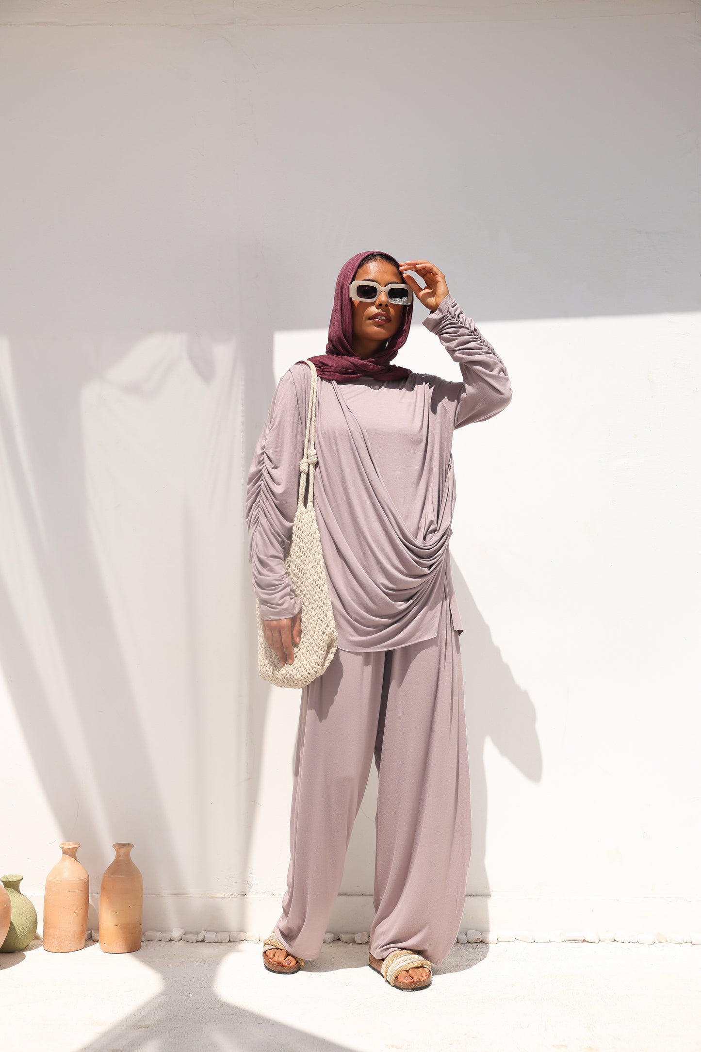 Side Drapeé Cotton Set in Taupe