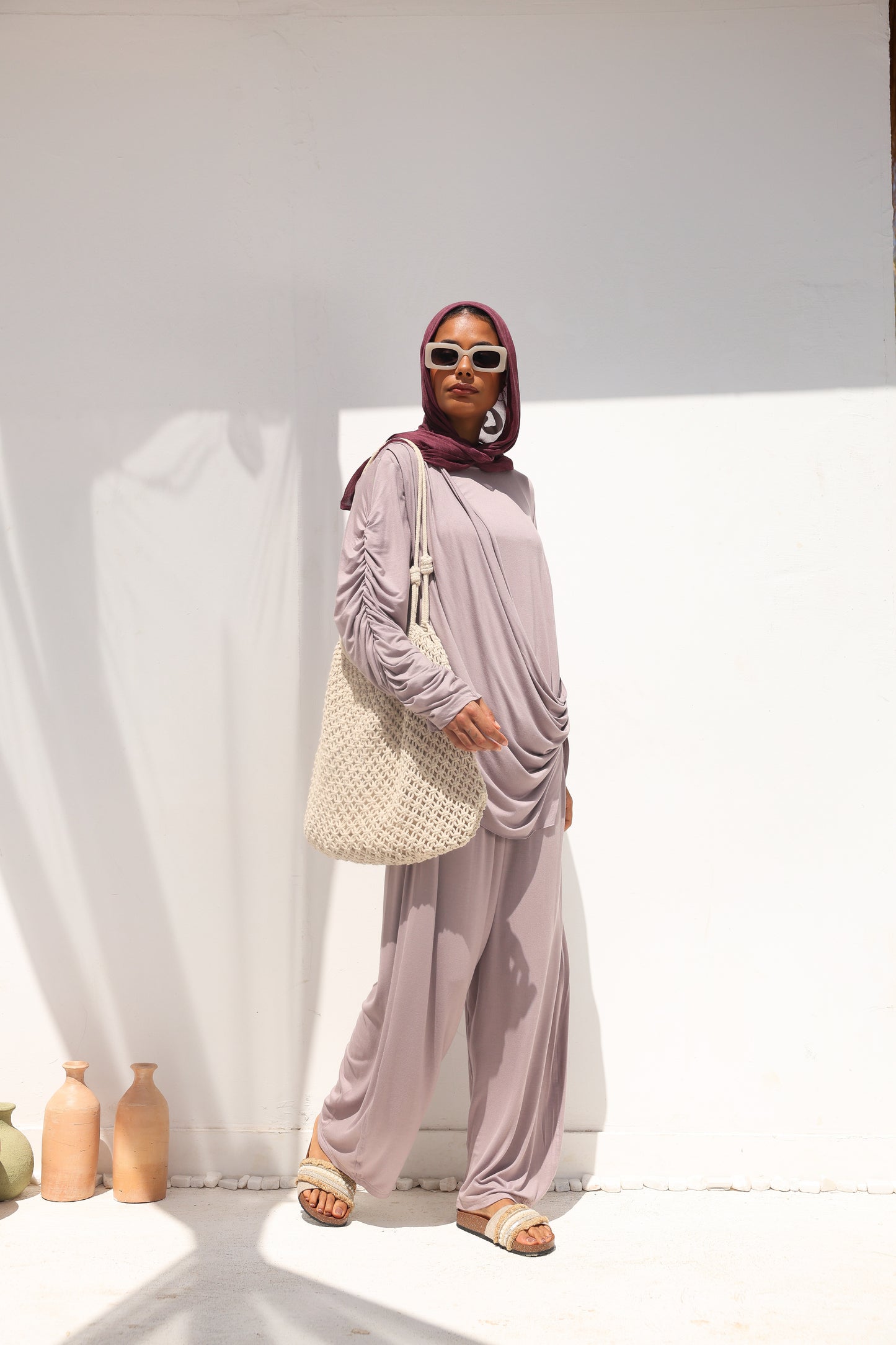 Side Drapeé Cotton Set in Taupe