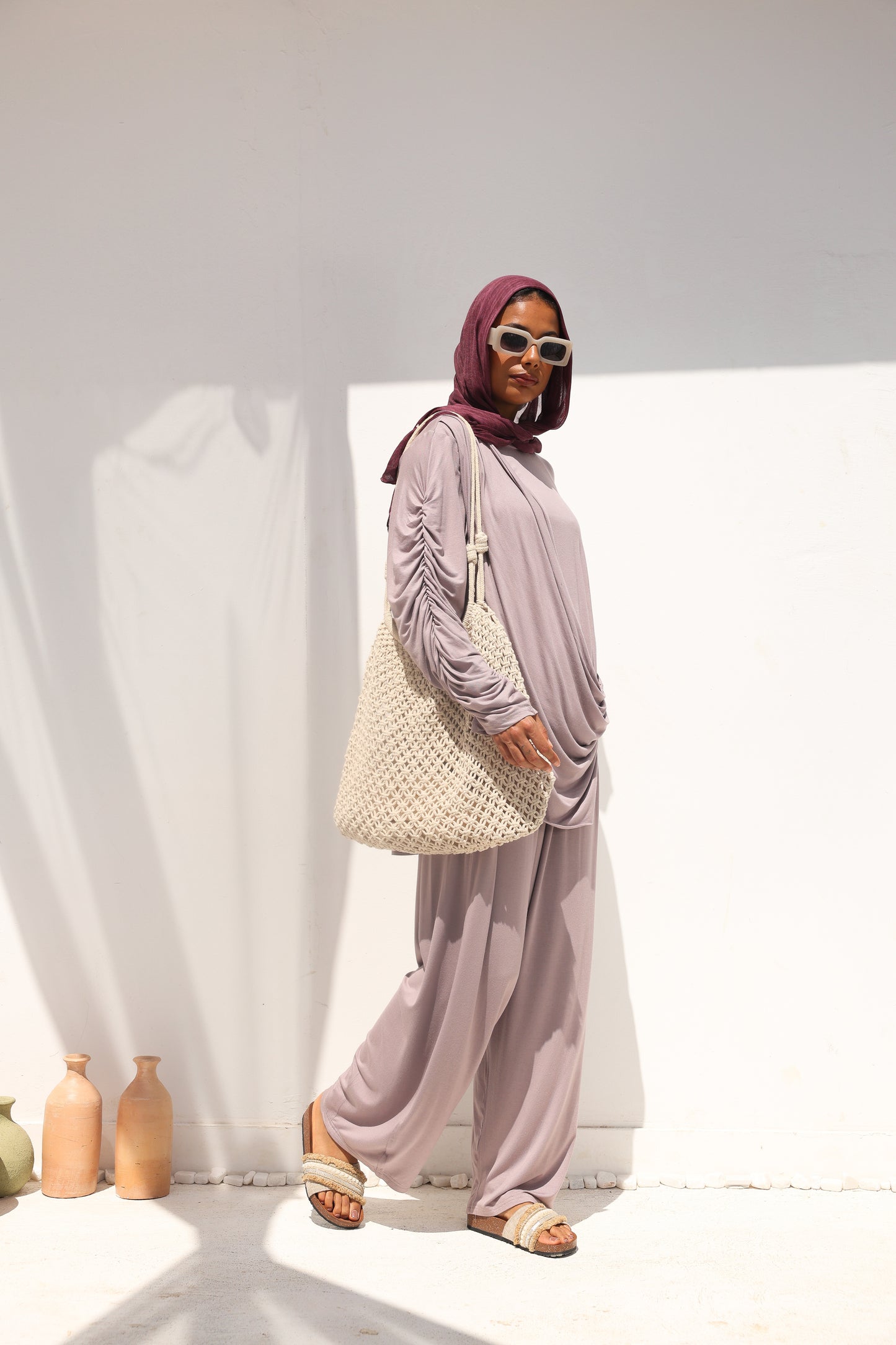 Side Drapeé Cotton Set in Taupe