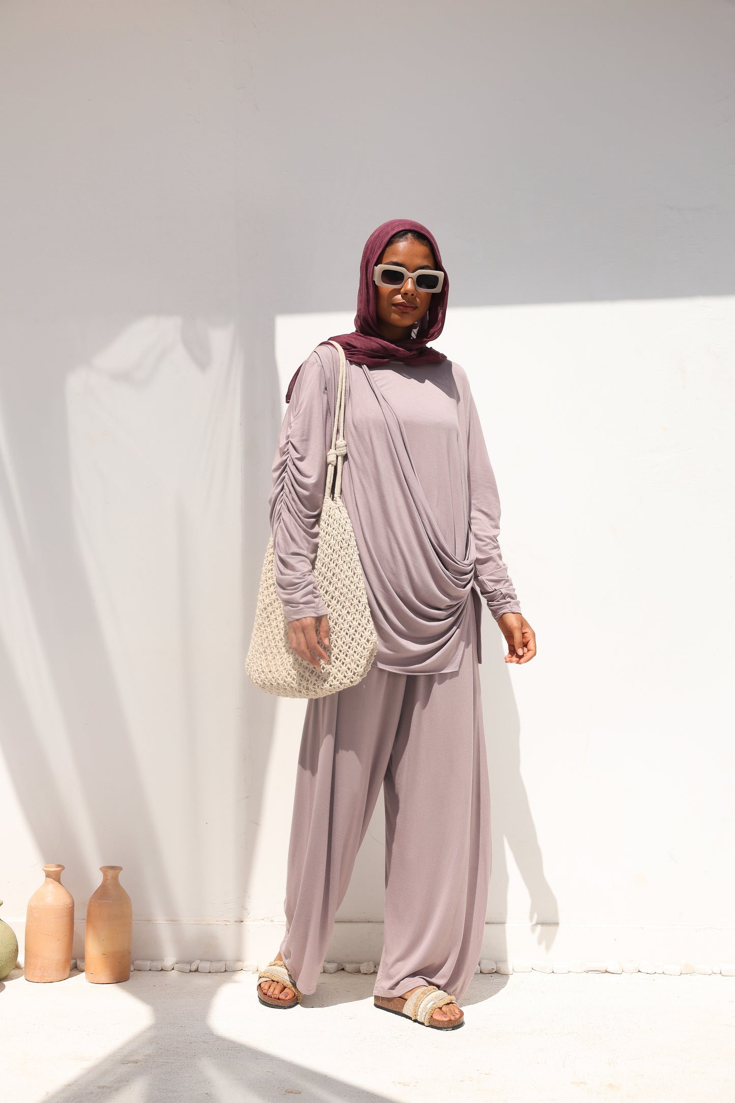 Side Drapeé Cotton Set in Taupe
