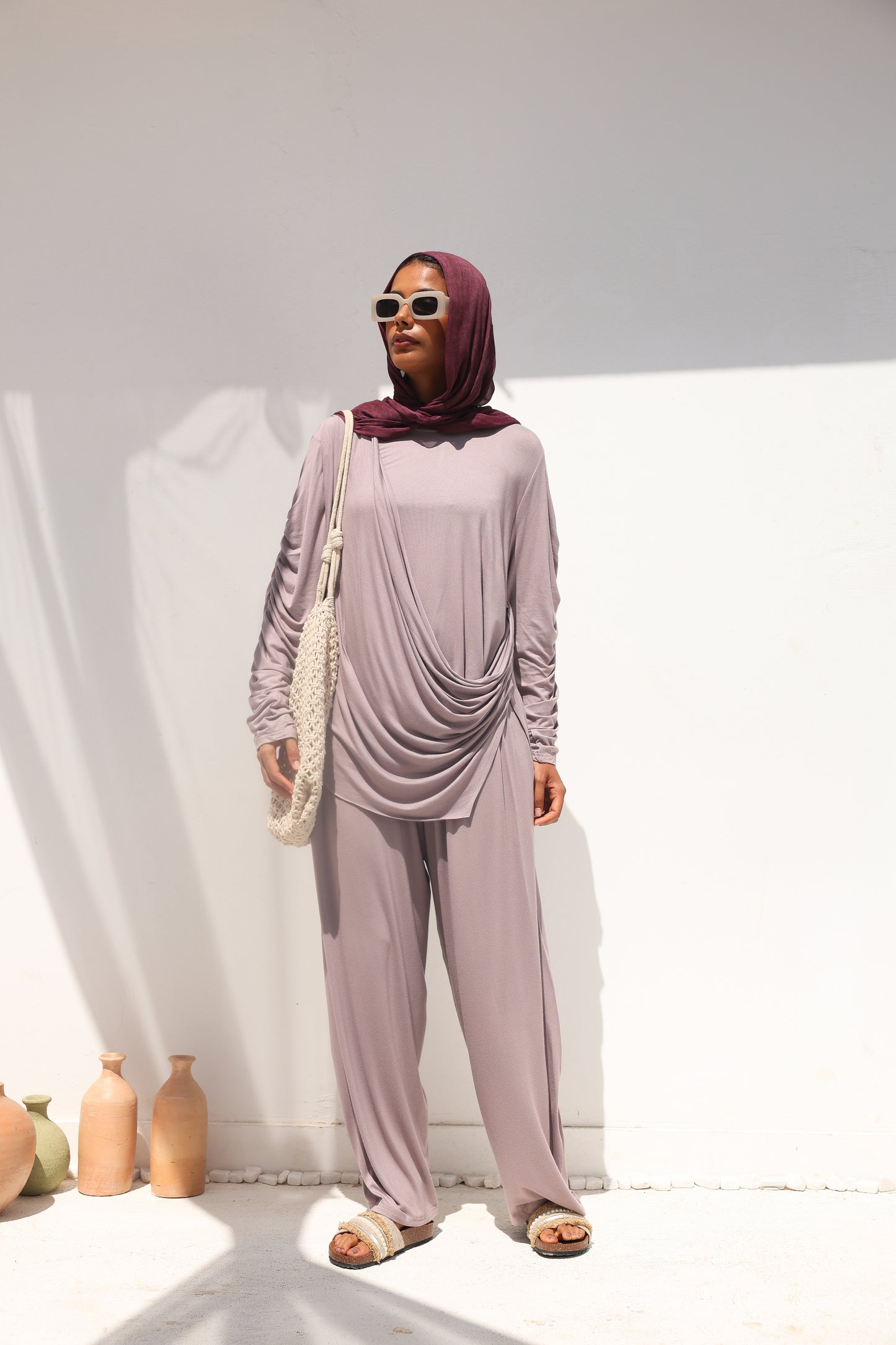 Side Drapeé Cotton Set in Taupe