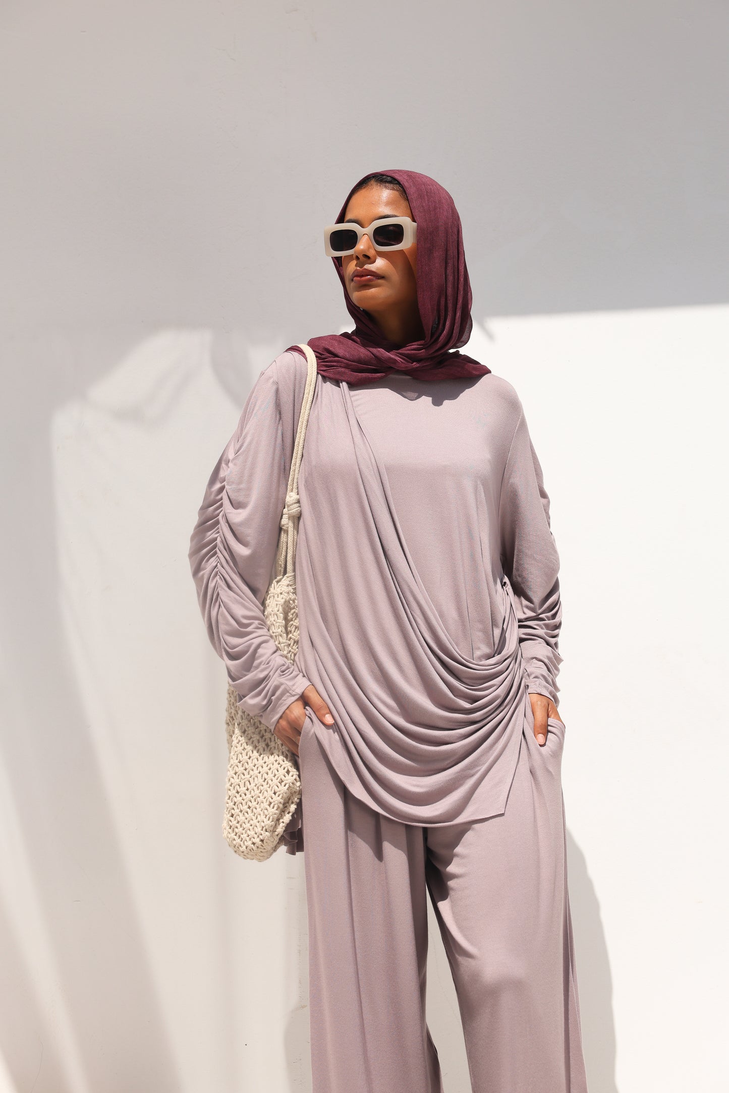 Side Drapeé Cotton Set in Taupe