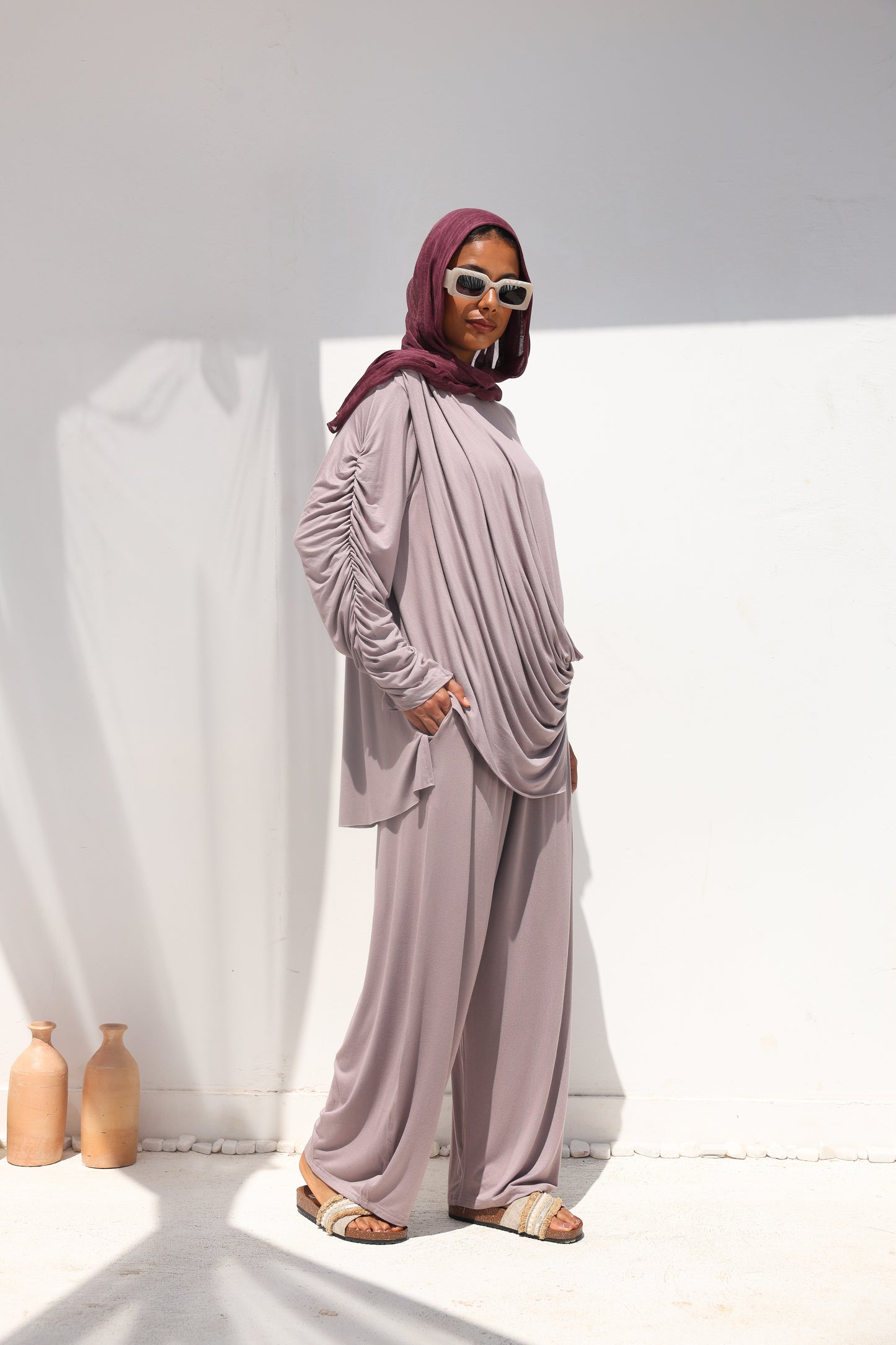 Side Drapeé Cotton Set in Taupe