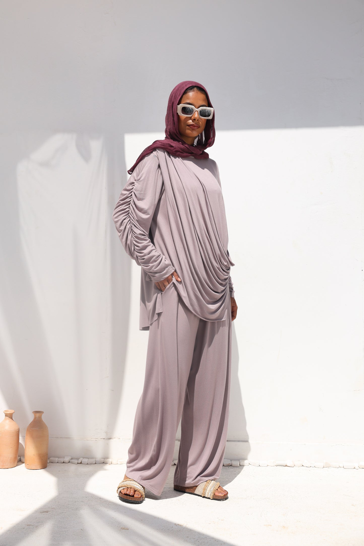 Side Drapeé Cotton Set in Taupe