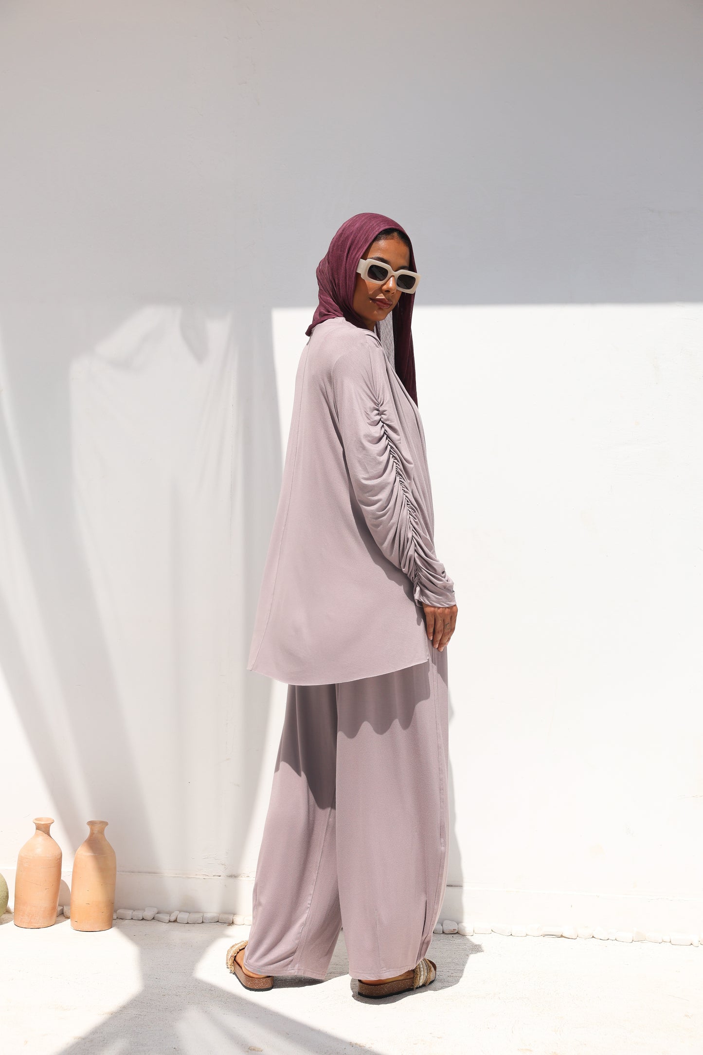Side Drapeé Cotton Set in Taupe