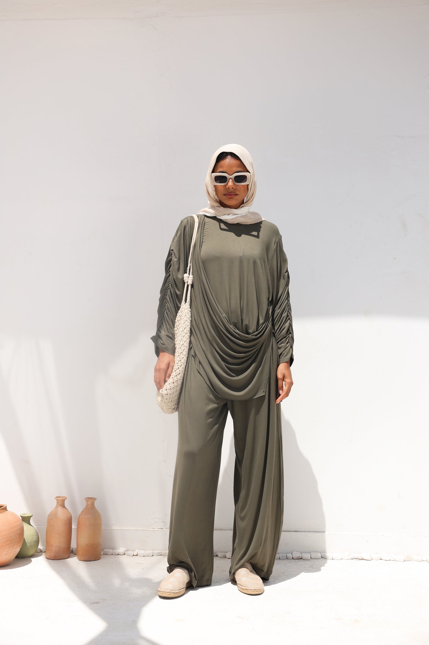 Side Drapeé Cotton Set in Olive