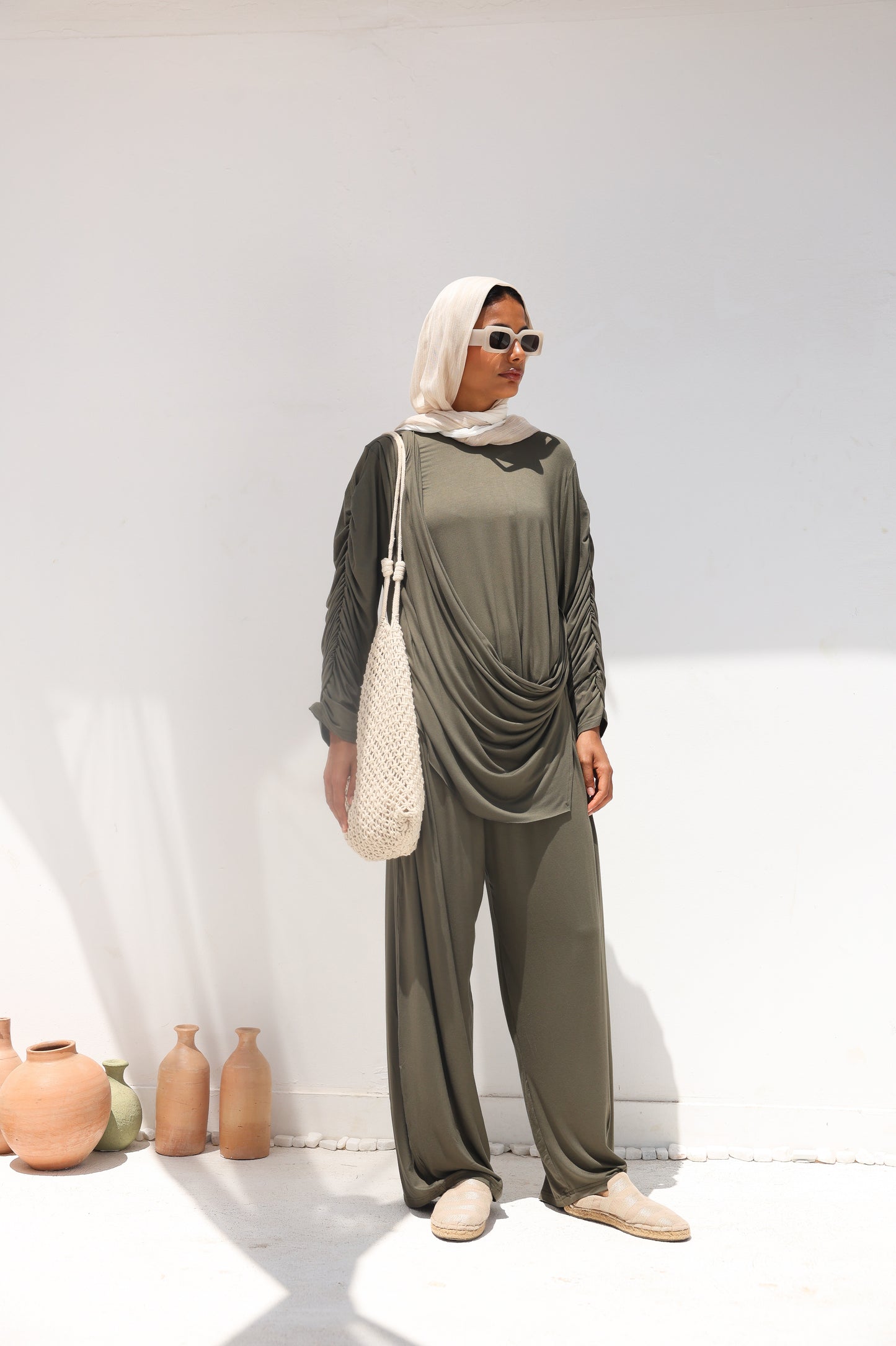 Side Drapeé Cotton Set in Olive