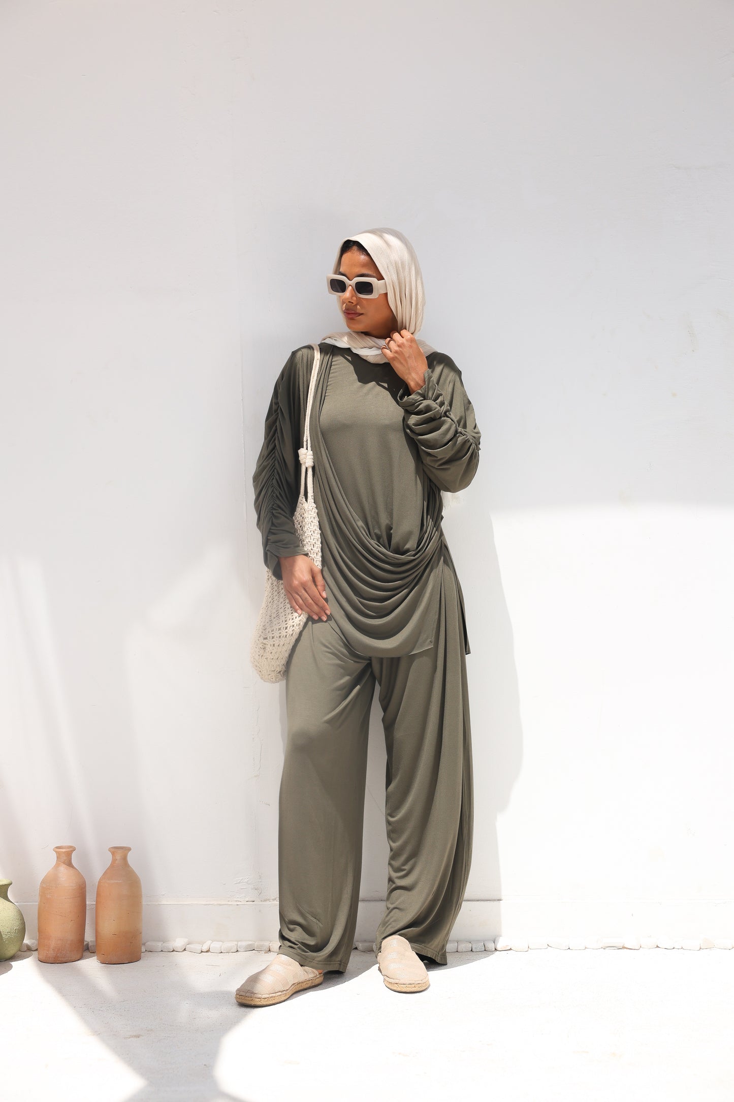 Side Drapeé Cotton Set in Olive