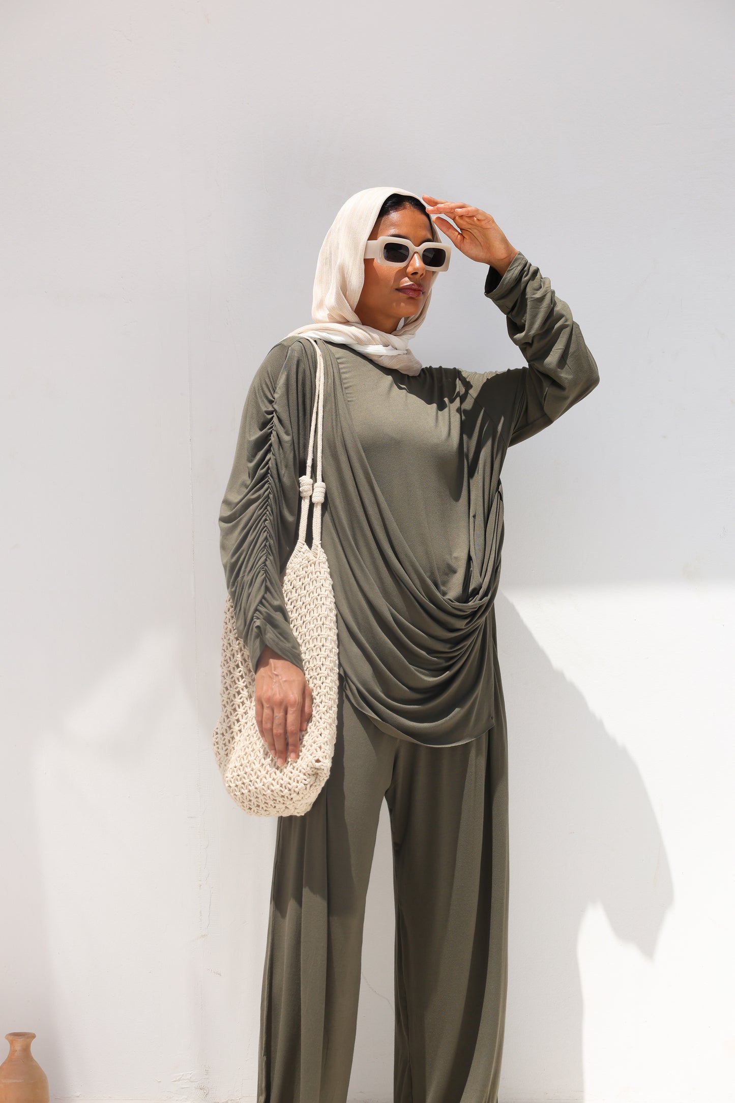 Side Drapeé Cotton Set in Olive
