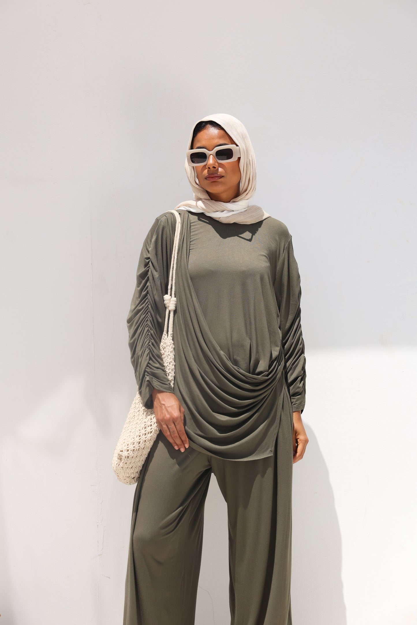 Side Drapeé Cotton Set in Olive