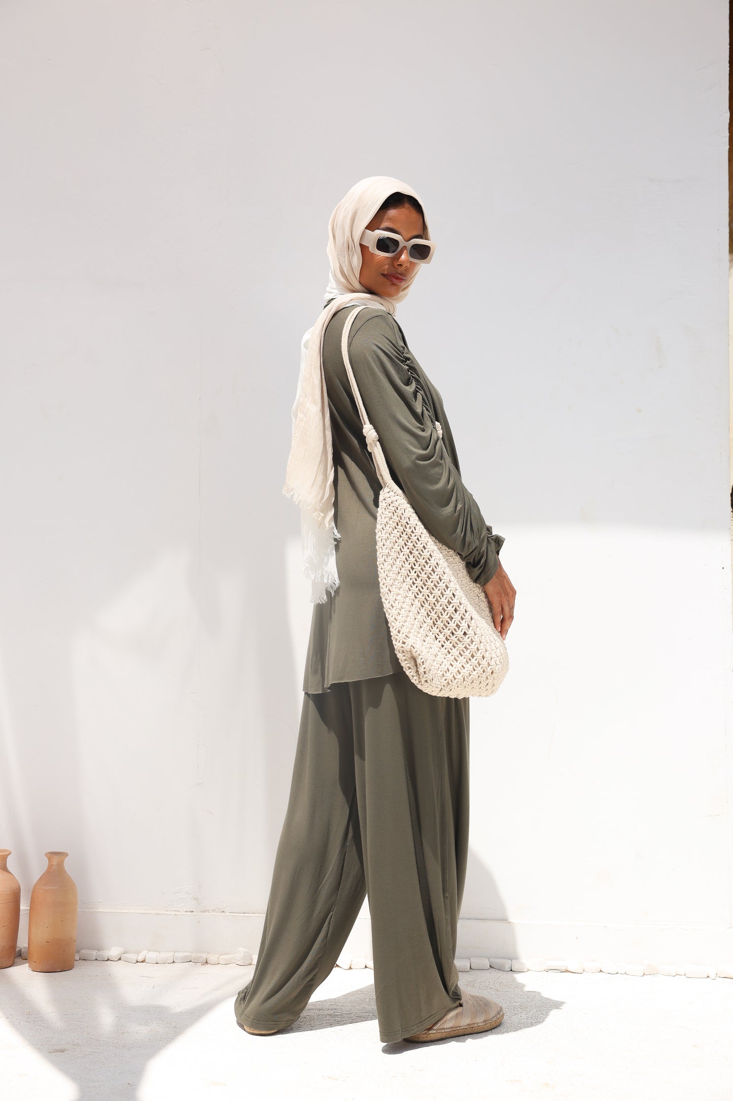 Side Drapeé Cotton Set in Olive