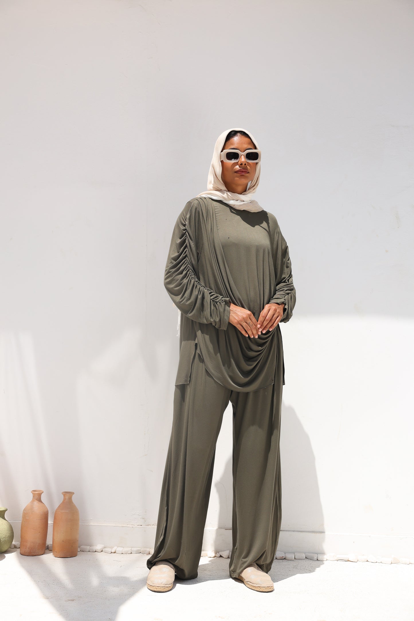 Side Drapeé Cotton Set in Olive