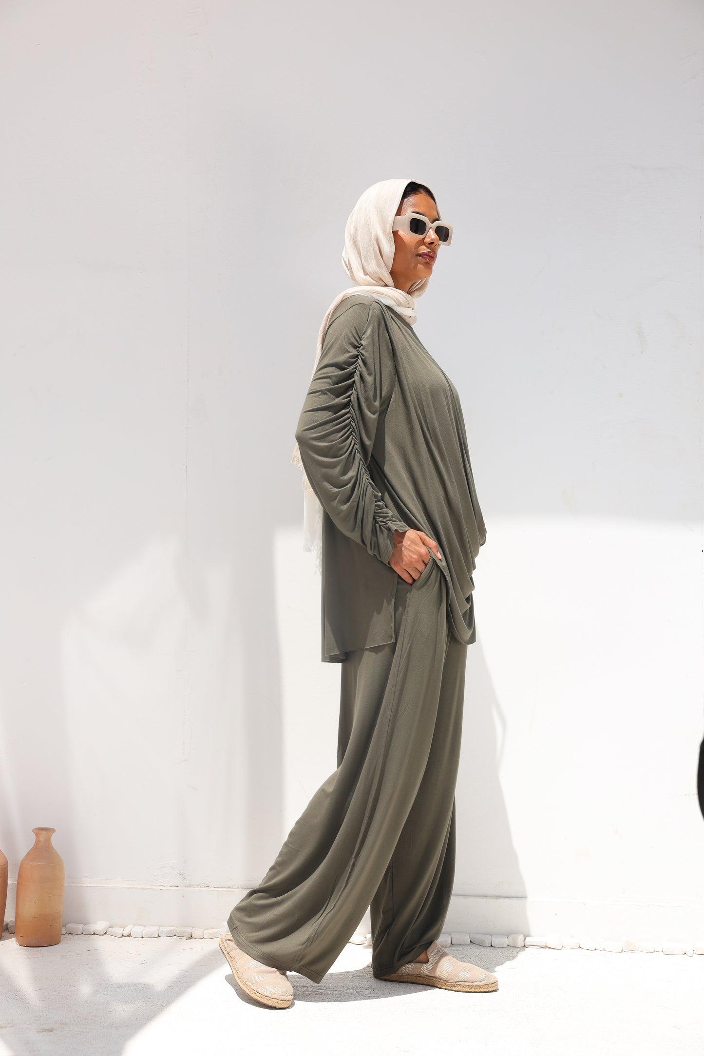 Side Drapeé Cotton Set in Olive