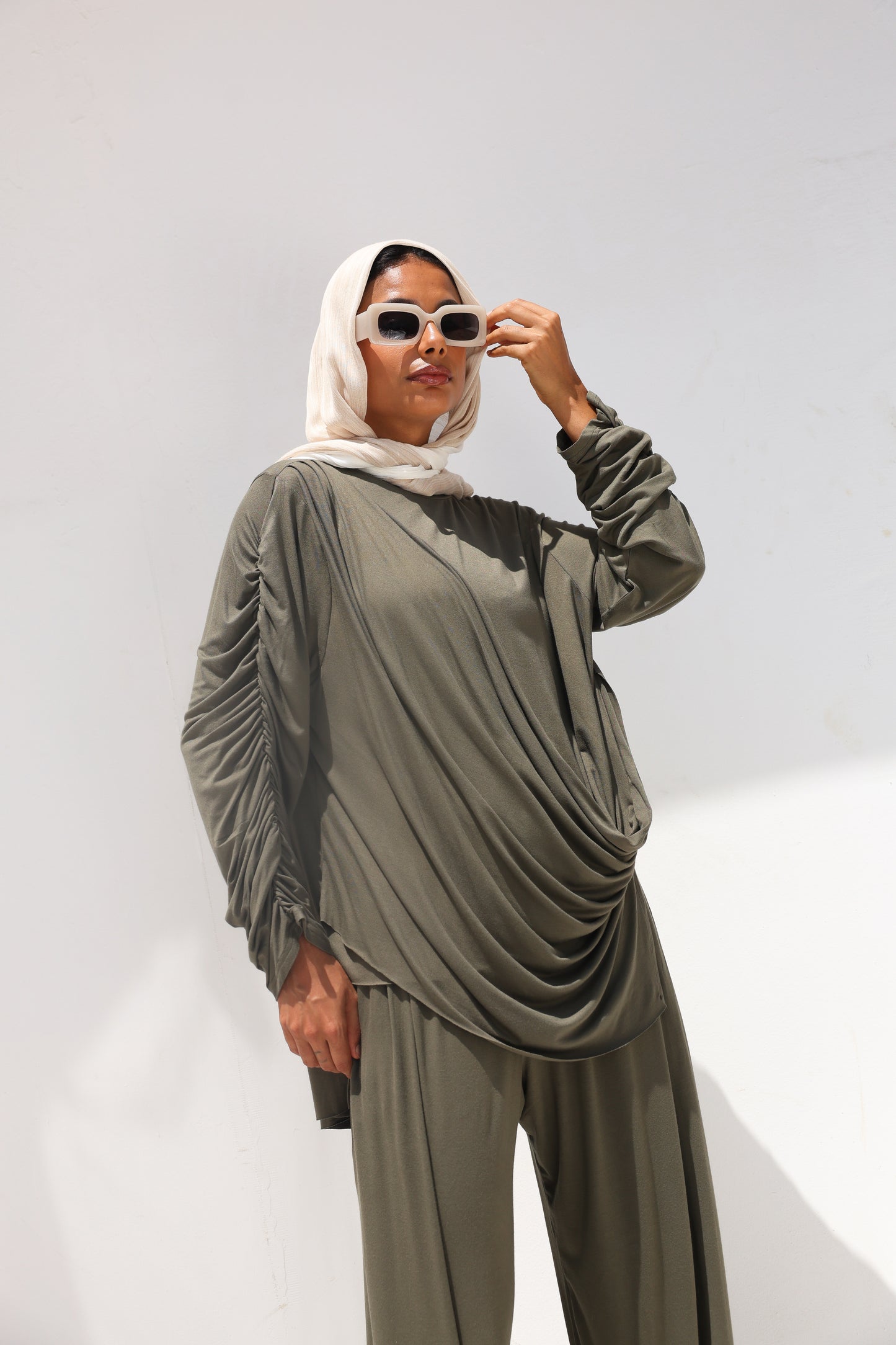 Side Drapeé Cotton Set in Olive