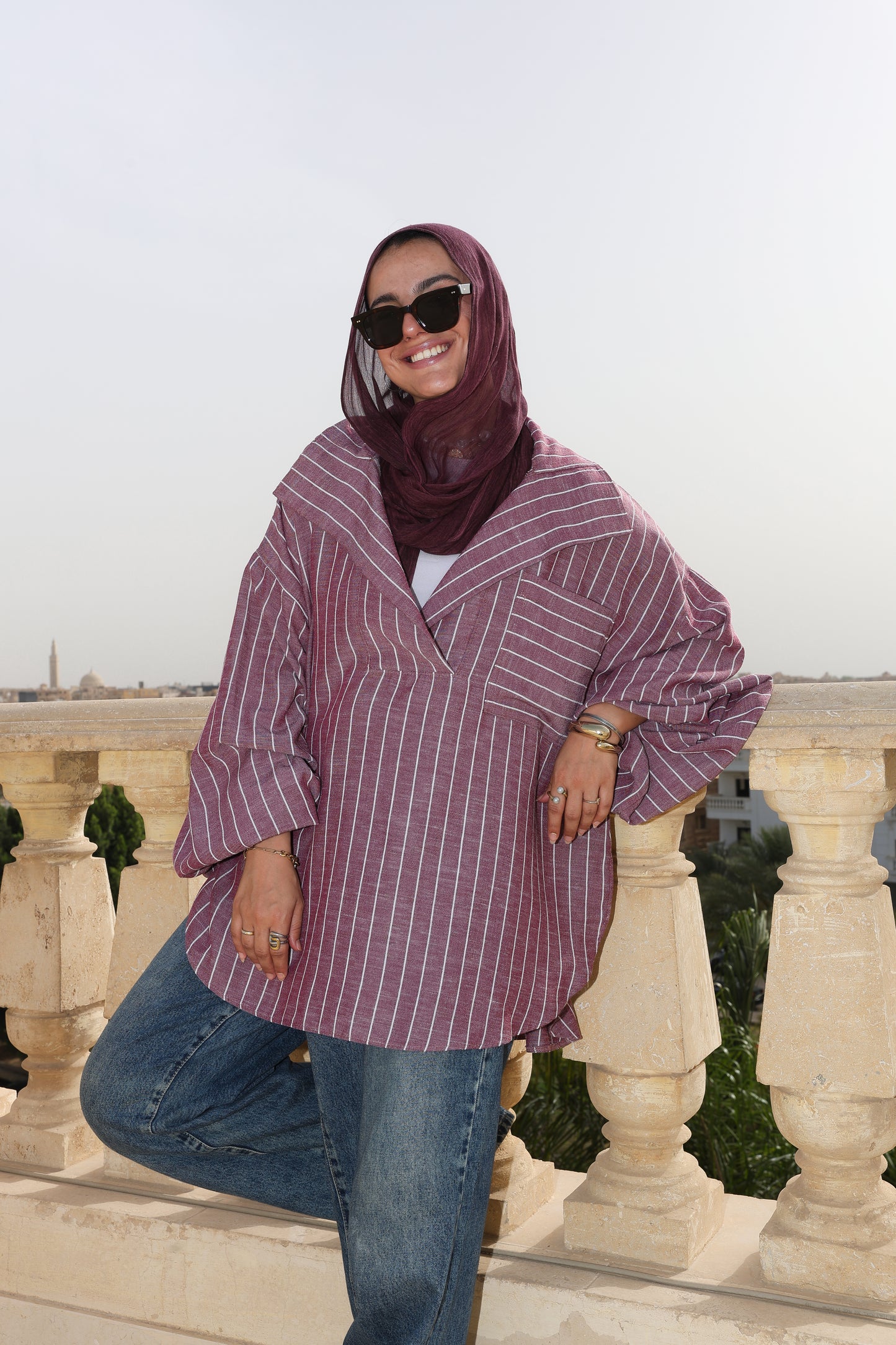 Collar Puffy Sleeves Stripes Top in Berry