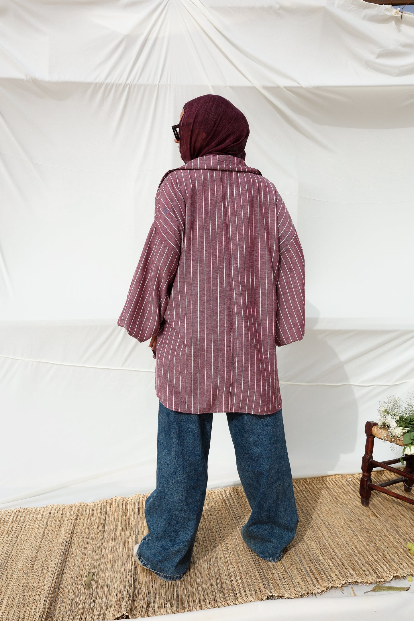 Collar Puffy Sleeves Stripes Top in Berry