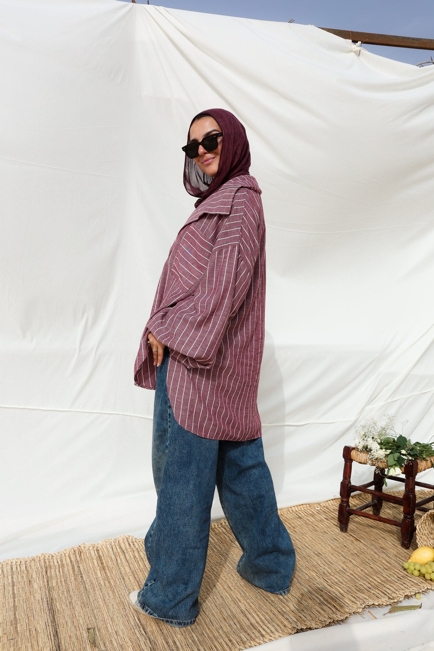 Collar Puffy Sleeves Stripes Top in Berry