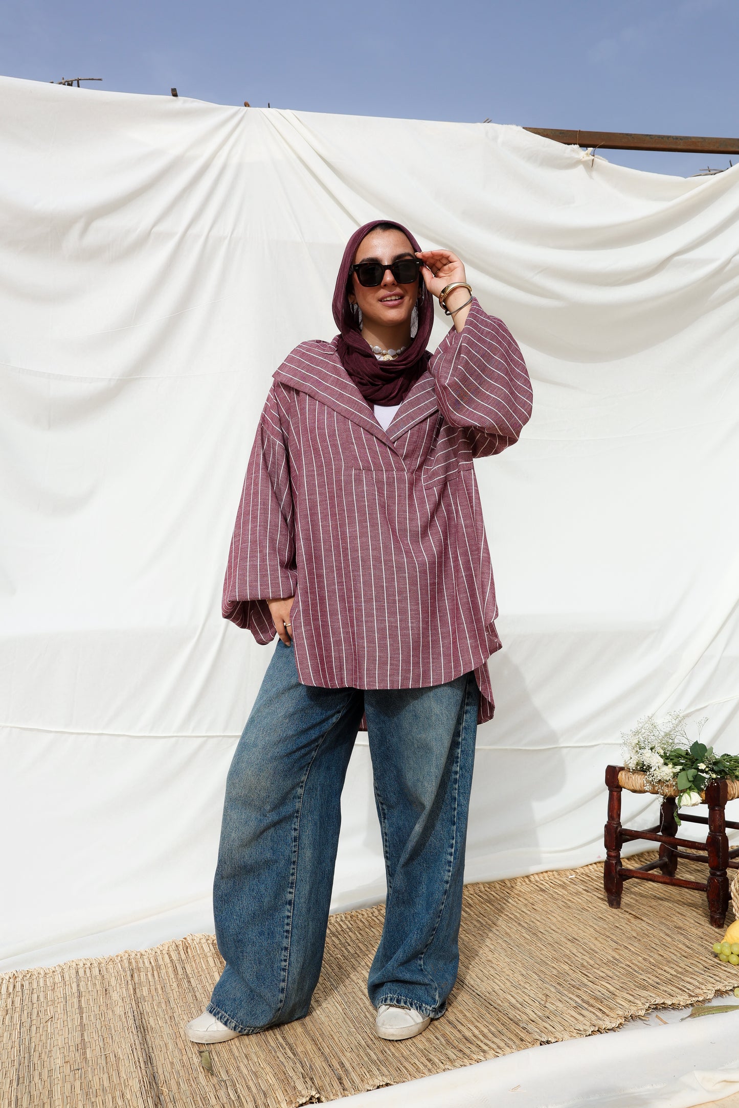Collar Puffy Sleeves Stripes Top in Berry
