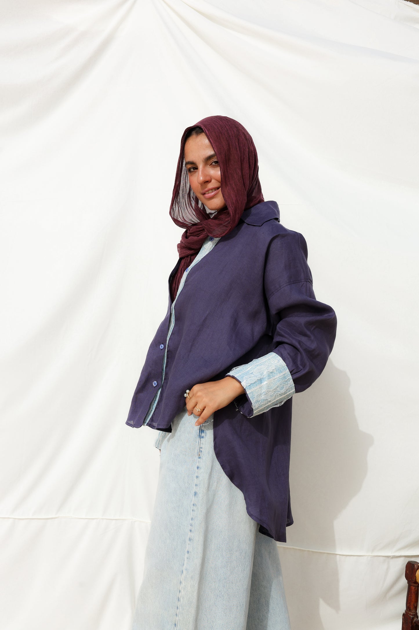 The Flow Patchwork Linen Shirt in Midnight Blue