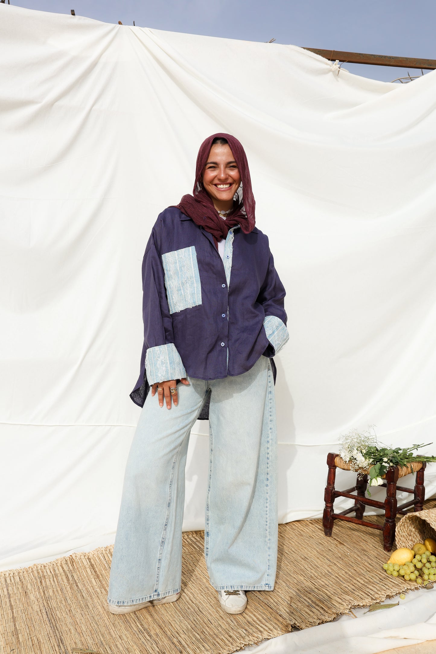 The Flow Patchwork Linen Shirt in Midnight Blue