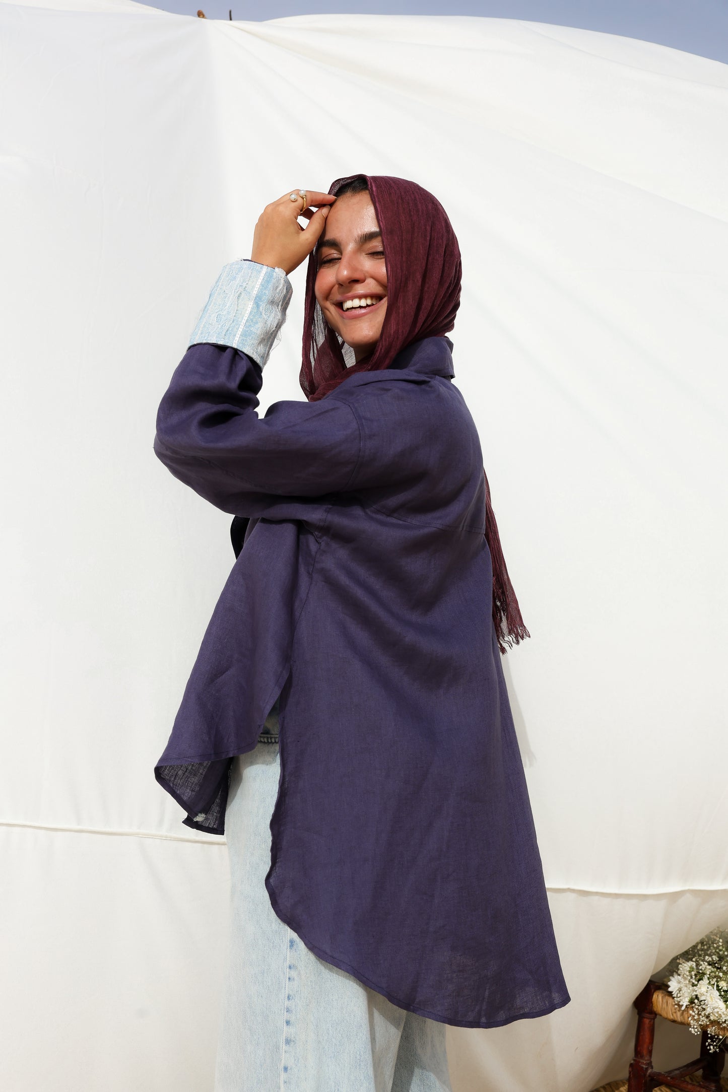 The Flow Patchwork Linen Shirt in Midnight Blue