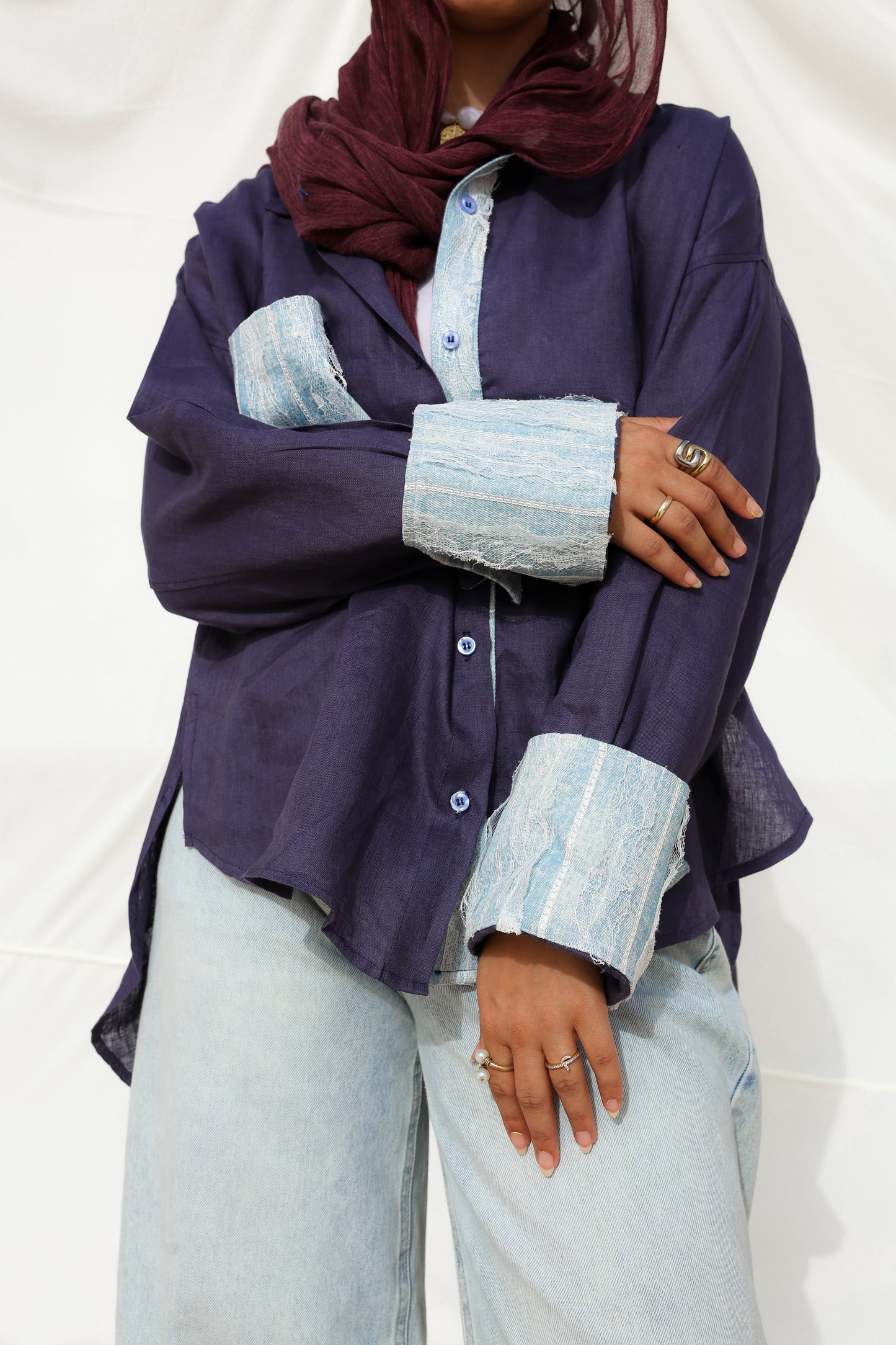 The Flow Patchwork Linen Shirt in Midnight Blue
