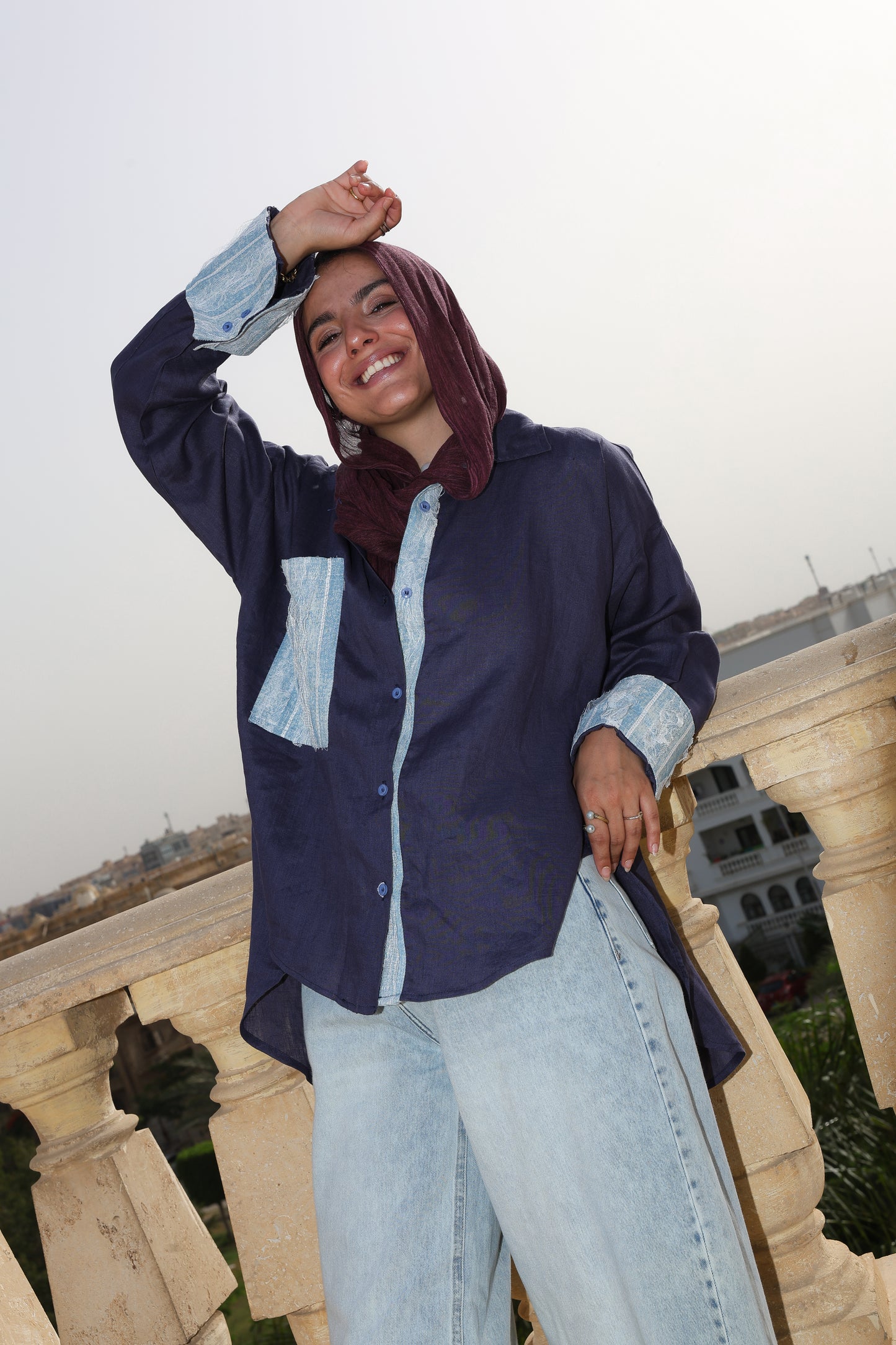 The Flow Patchwork Linen Shirt in Midnight Blue