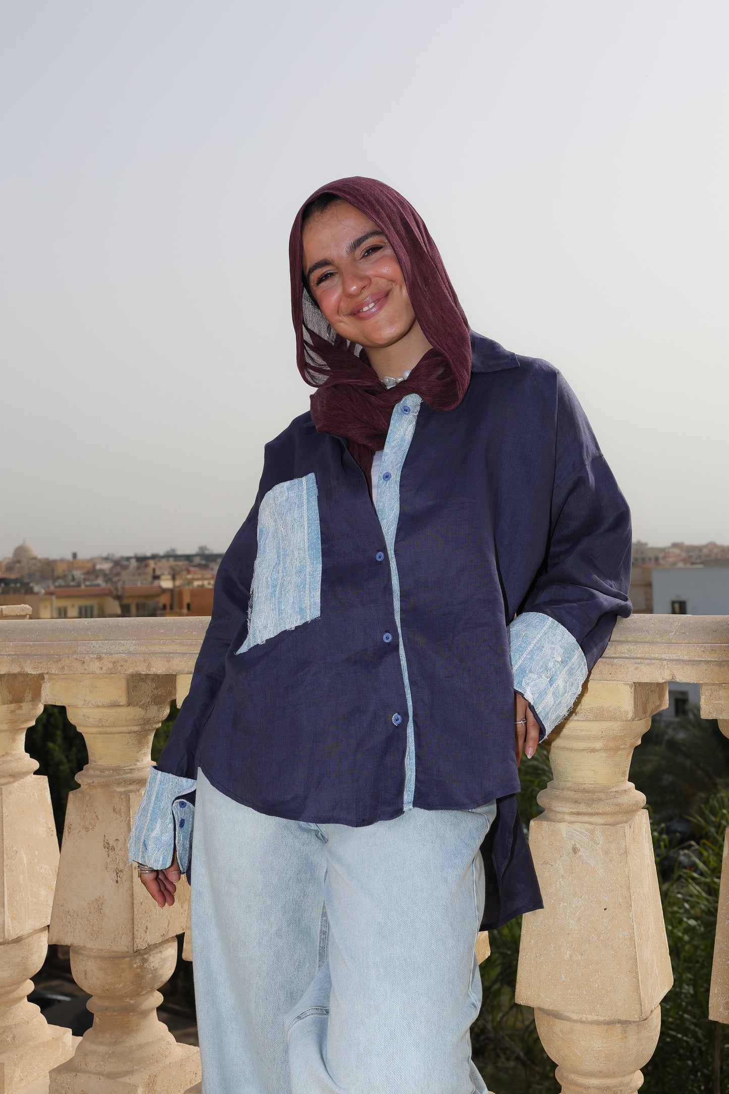 The Flow Patchwork Linen Shirt in Midnight Blue