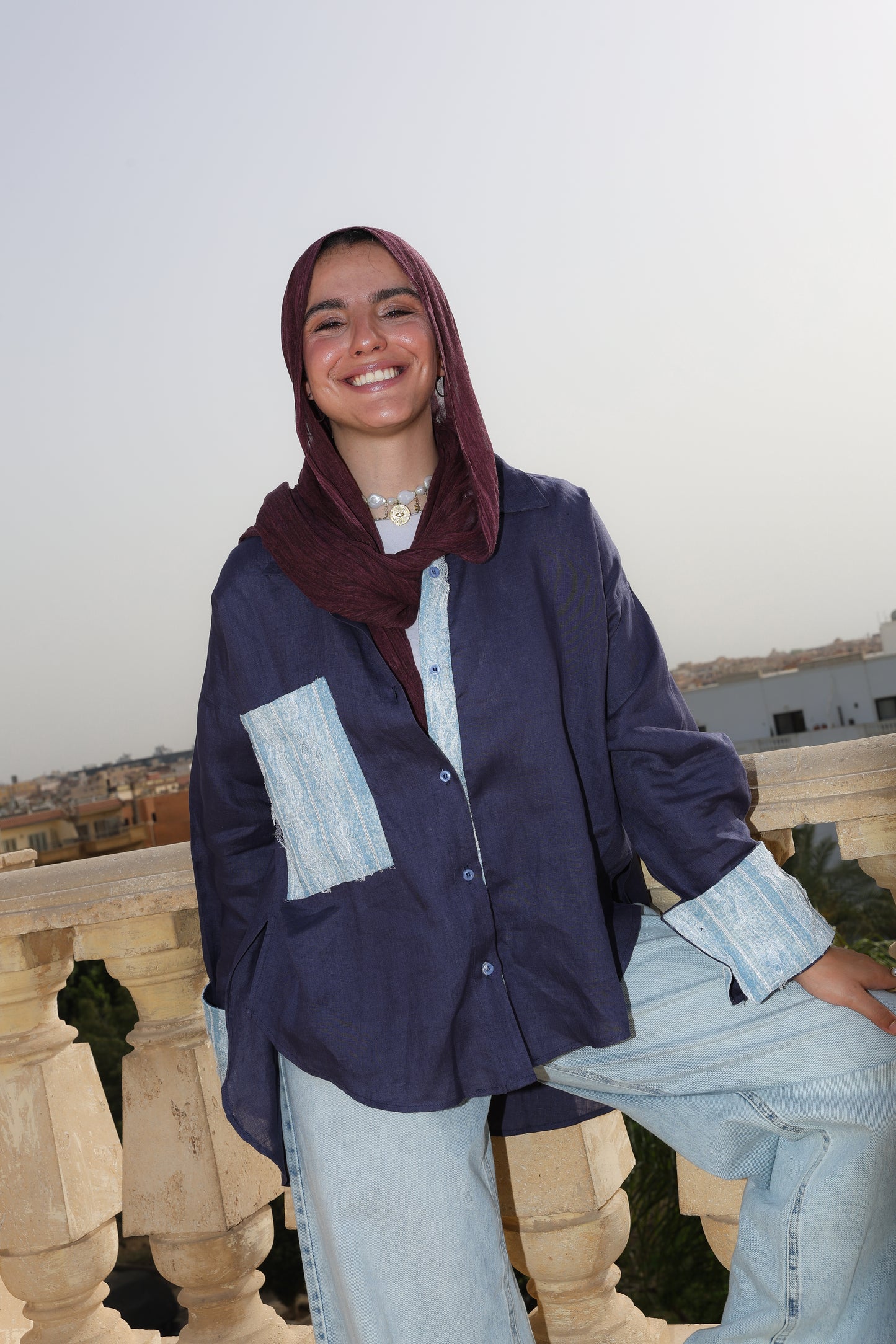 The Flow Patchwork Linen Shirt in Midnight Blue