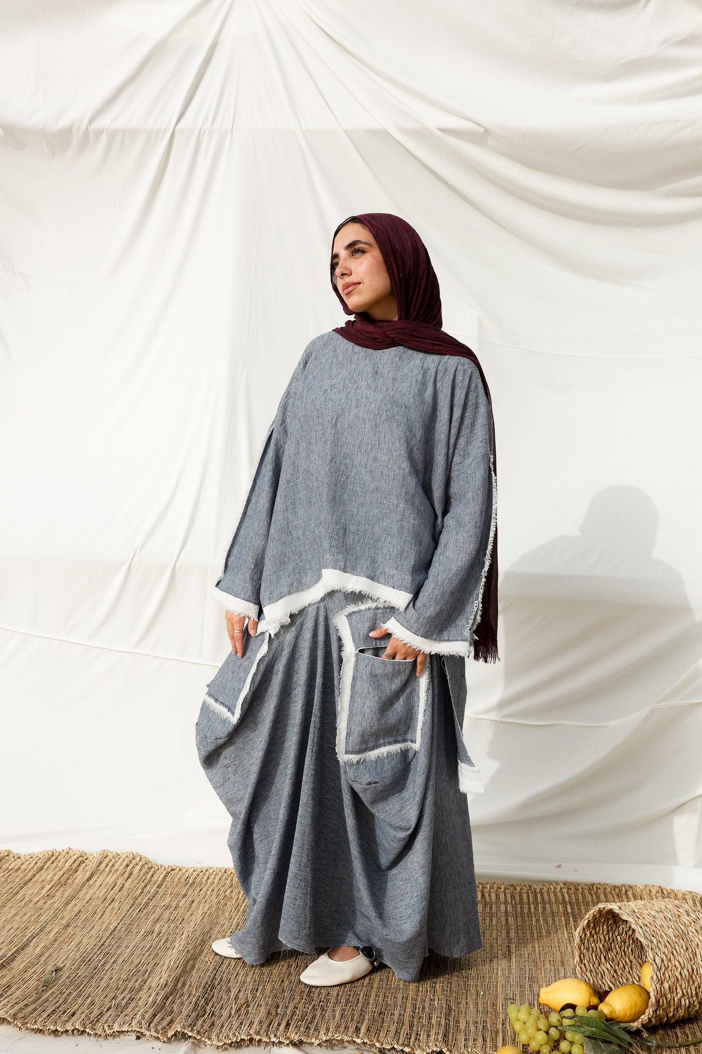 Asymmetrical Linen Pockets (SKIRT) in Blue Jeans
