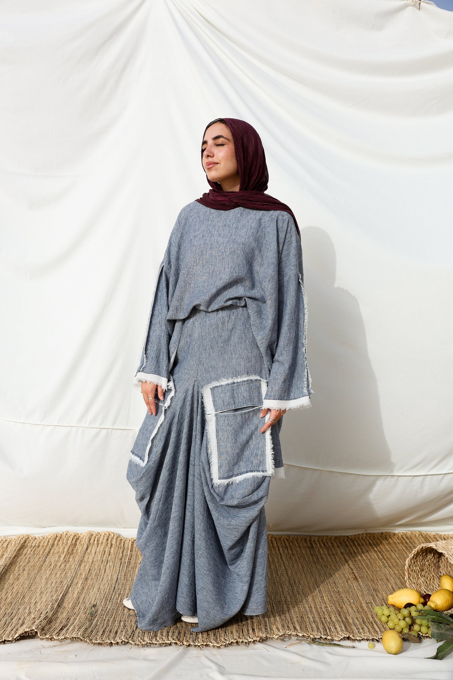 Asymmetrical Linen Pockets (SKIRT) in Blue Jeans