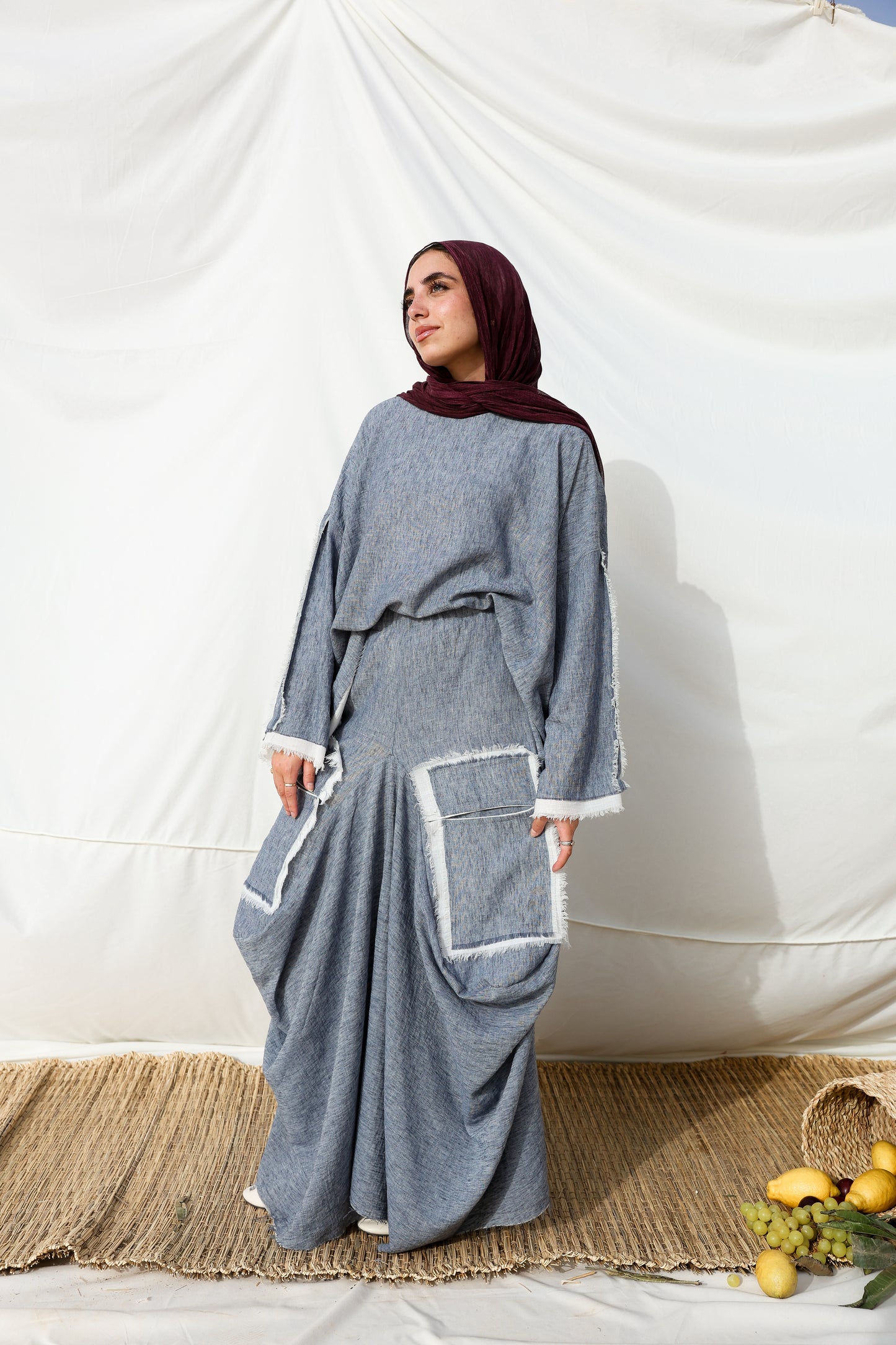 Asymmetrical Linen Pockets (SKIRT) in Blue Jeans
