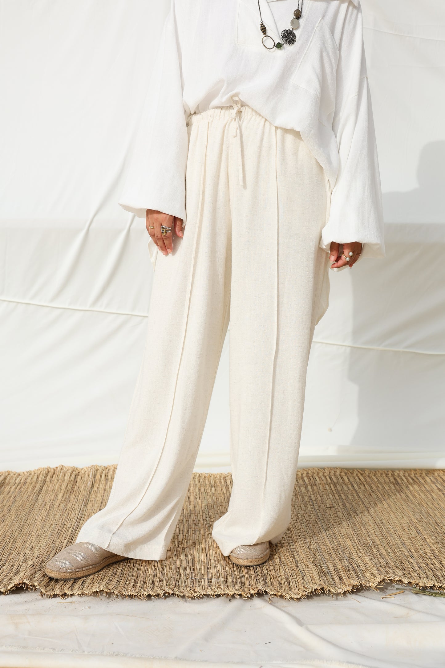 Wide Linen Flow Pants in Beige