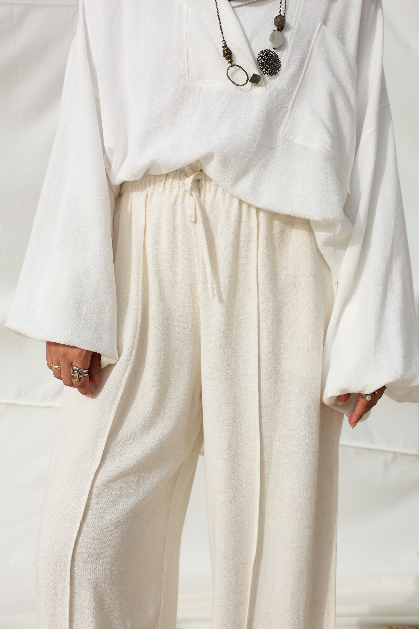 Wide Linen Flow Pants in Beige