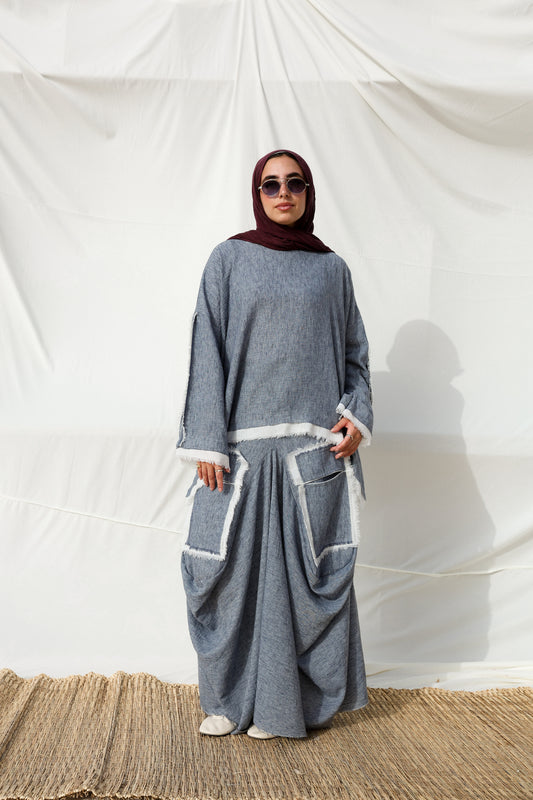 Asymmetrical Linen Pockets (SKIRT) in Blue Jeans