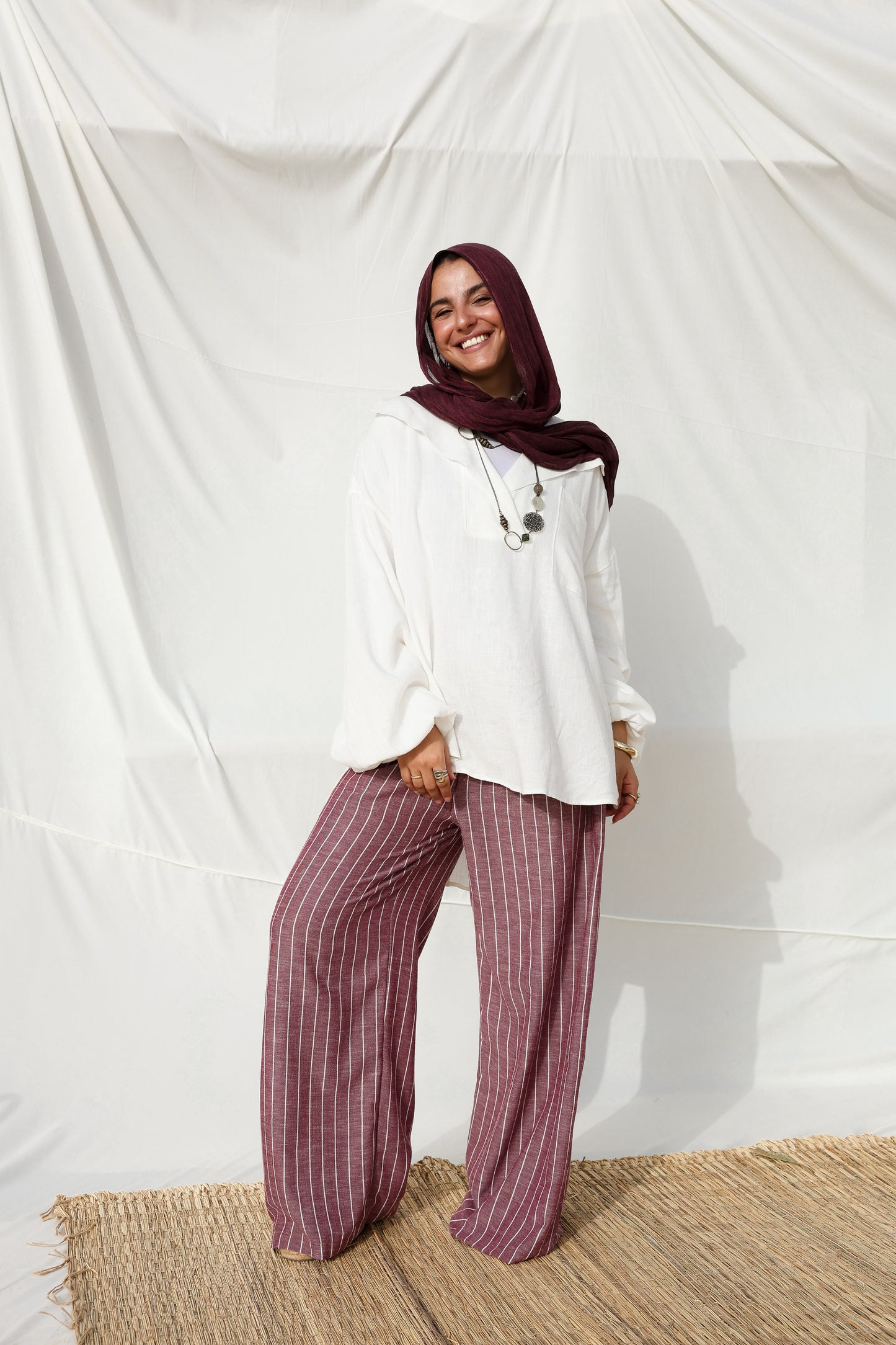 Collar Puffy Sleeves Linen Top in White