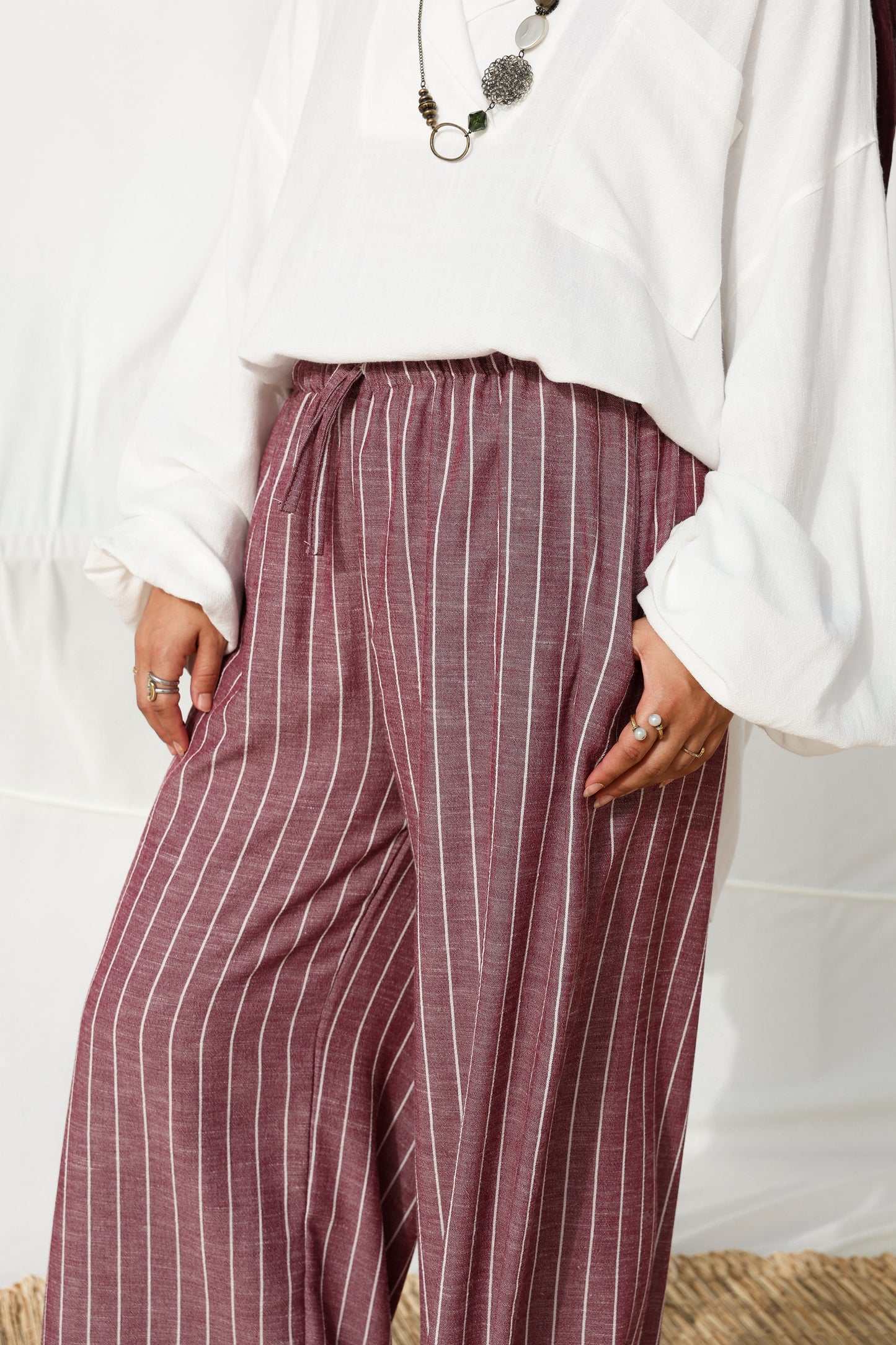 Stripes Wide-leg Linen Pants in Berry