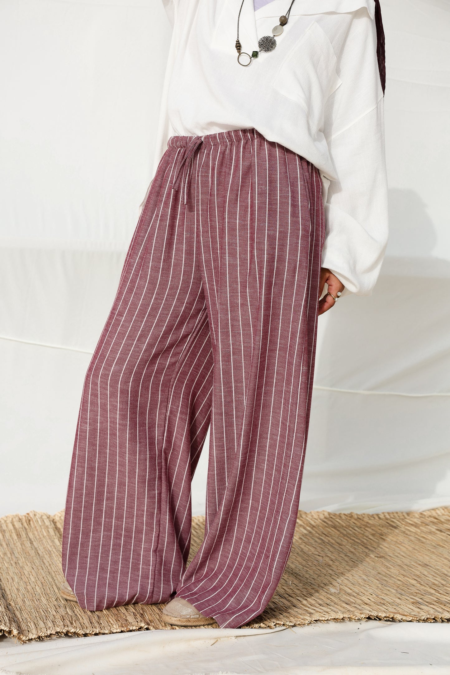 Stripes Wide-leg Linen Pants in Berry