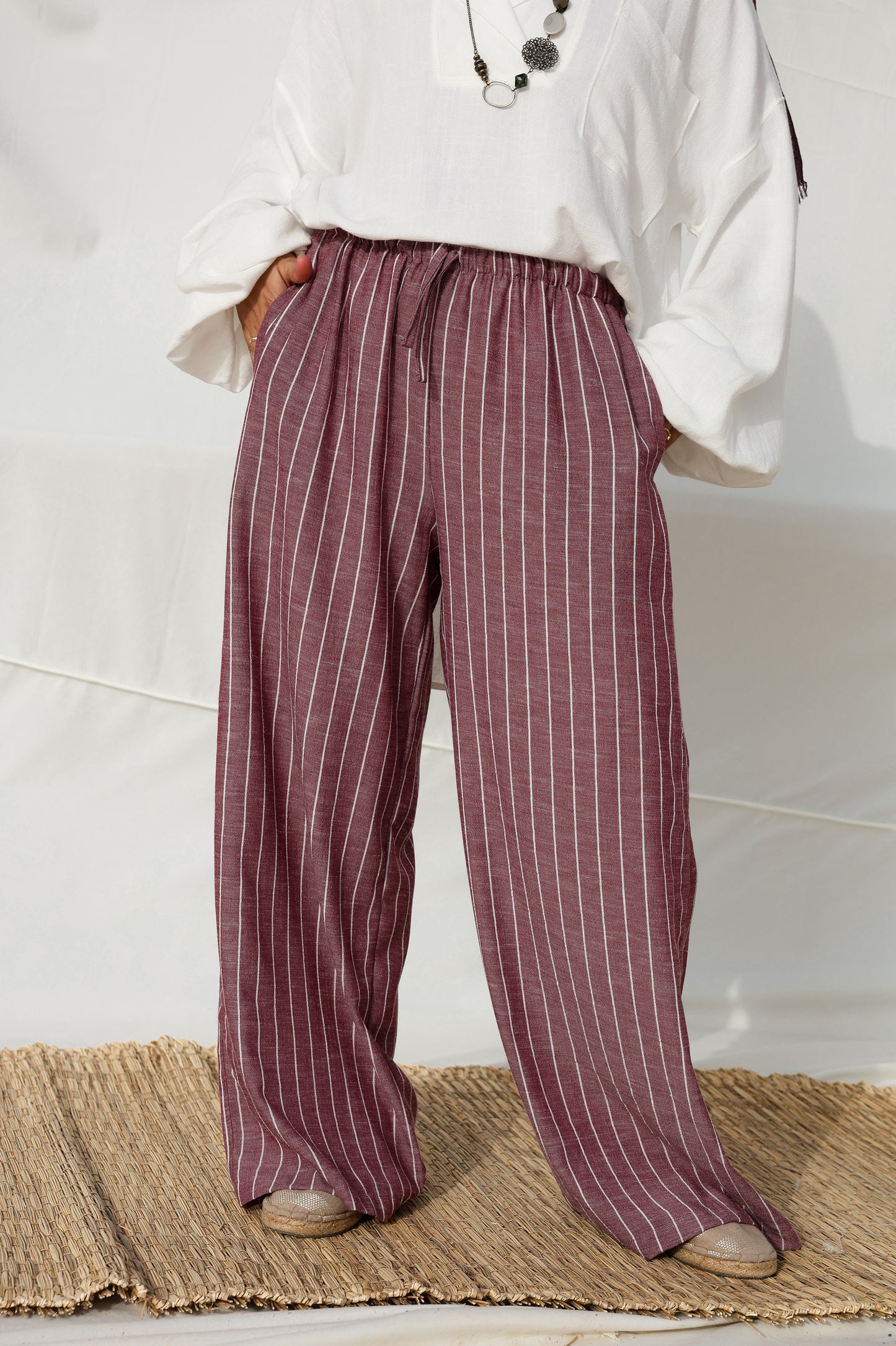 Stripes Wide-leg Linen Pants in Berry