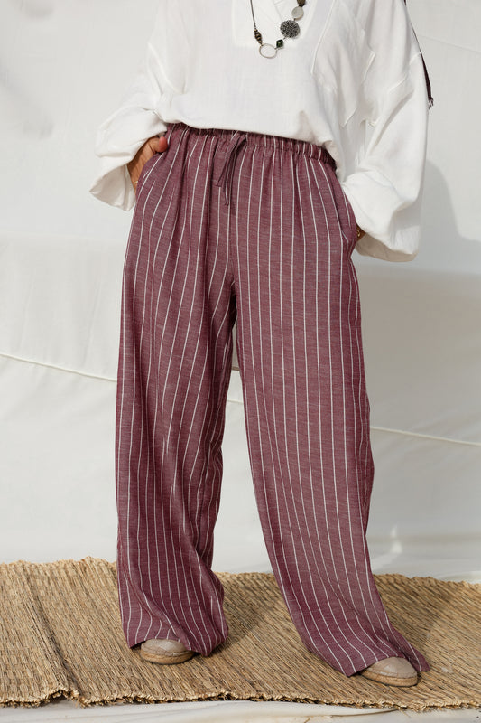 Stripes Wide-leg Linen Pants in Berry