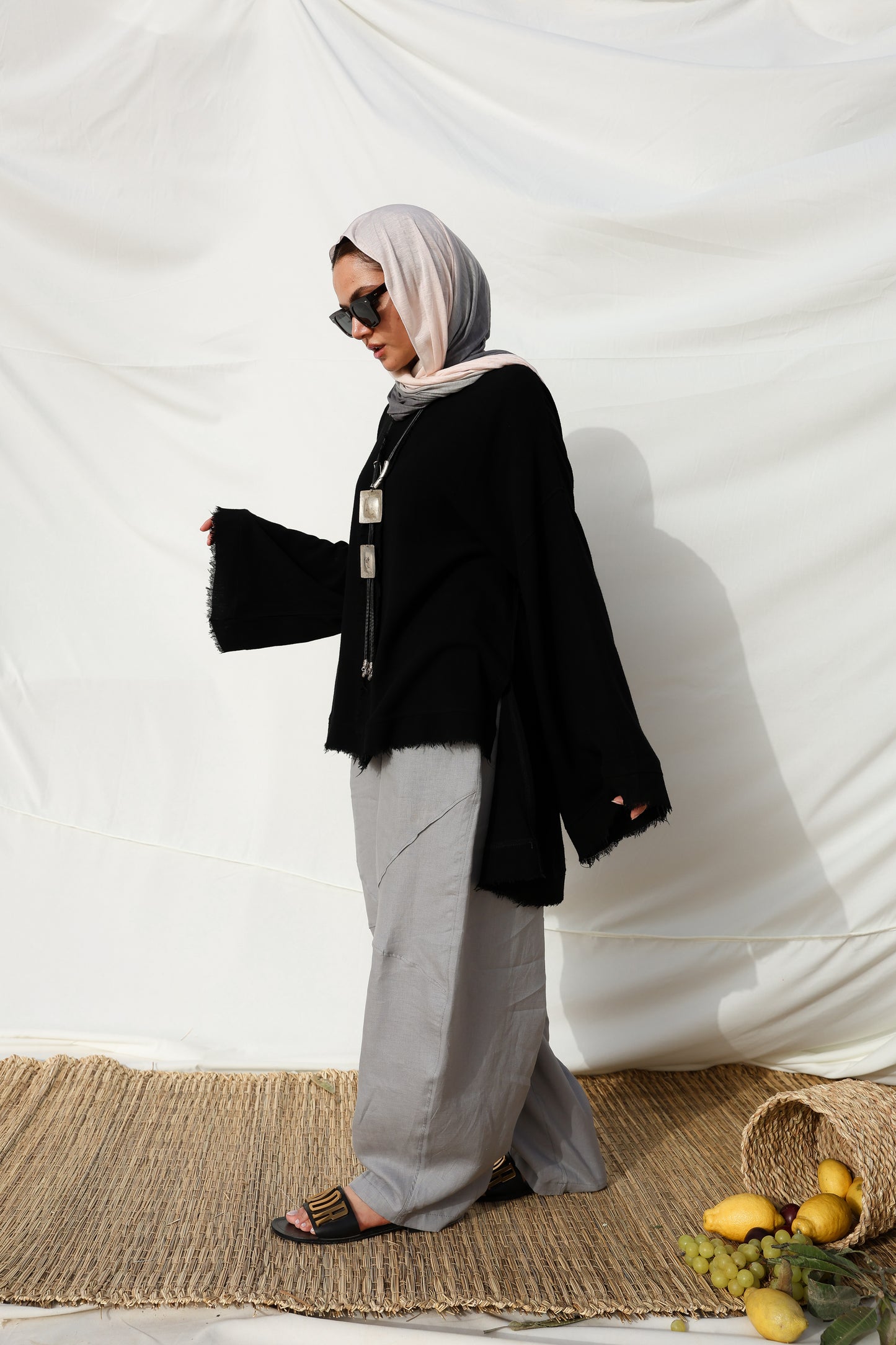 The Unfinished Bell Sleeves Linen Top in Black