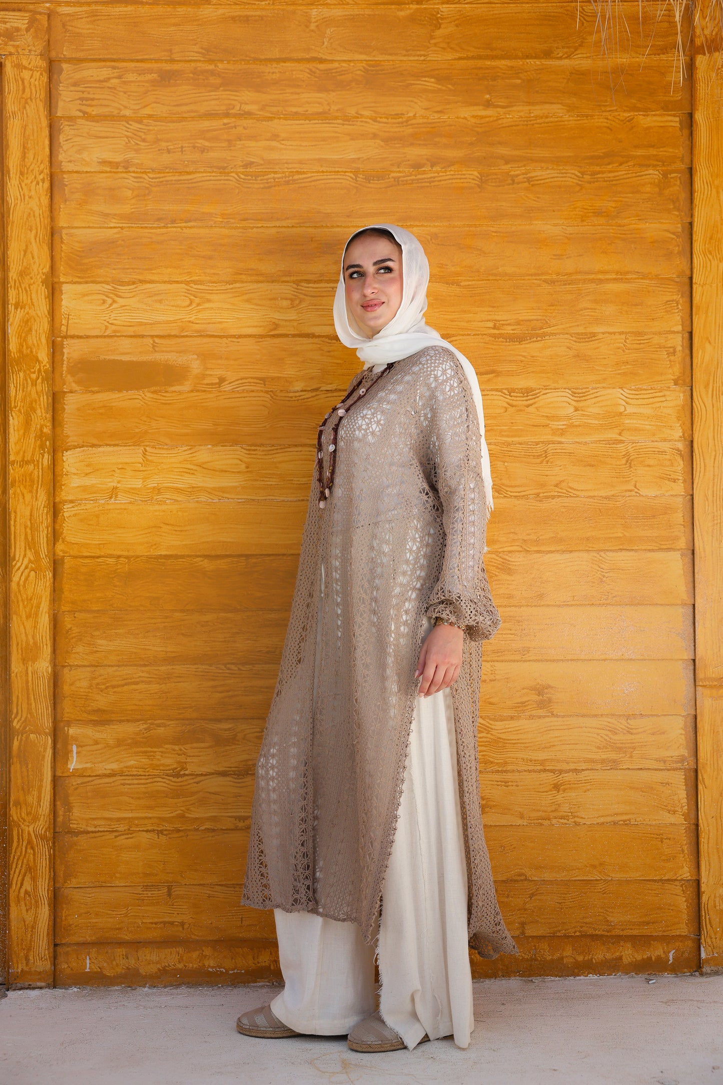 Cascade Net Dress in Café