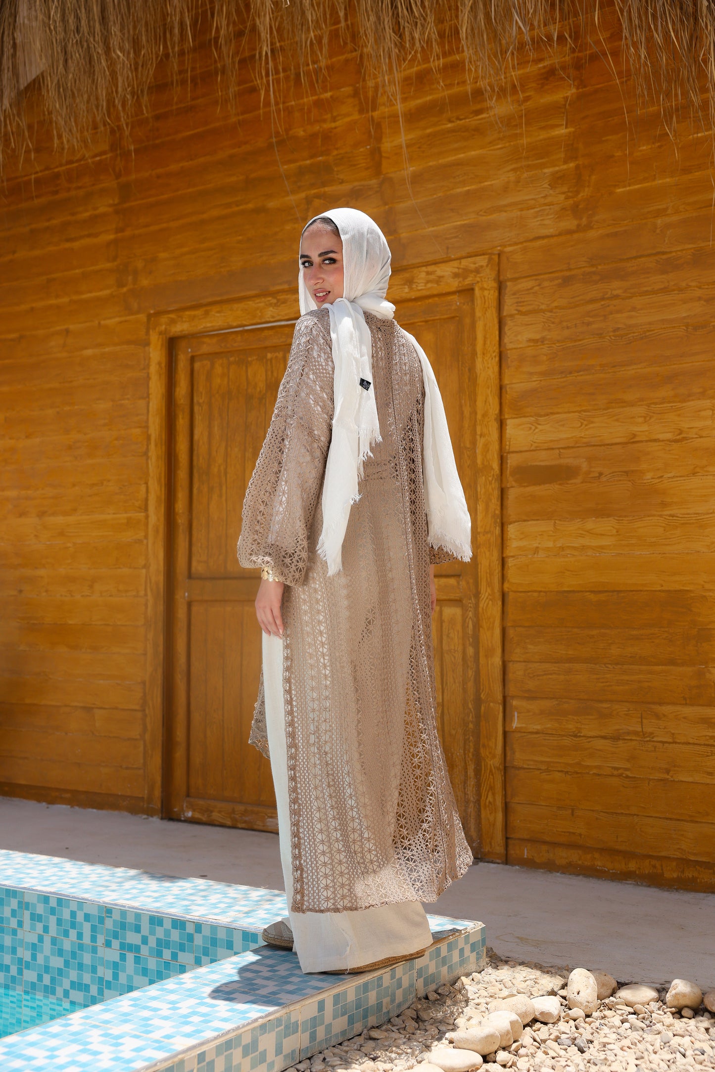 Cascade Net Dress in Café